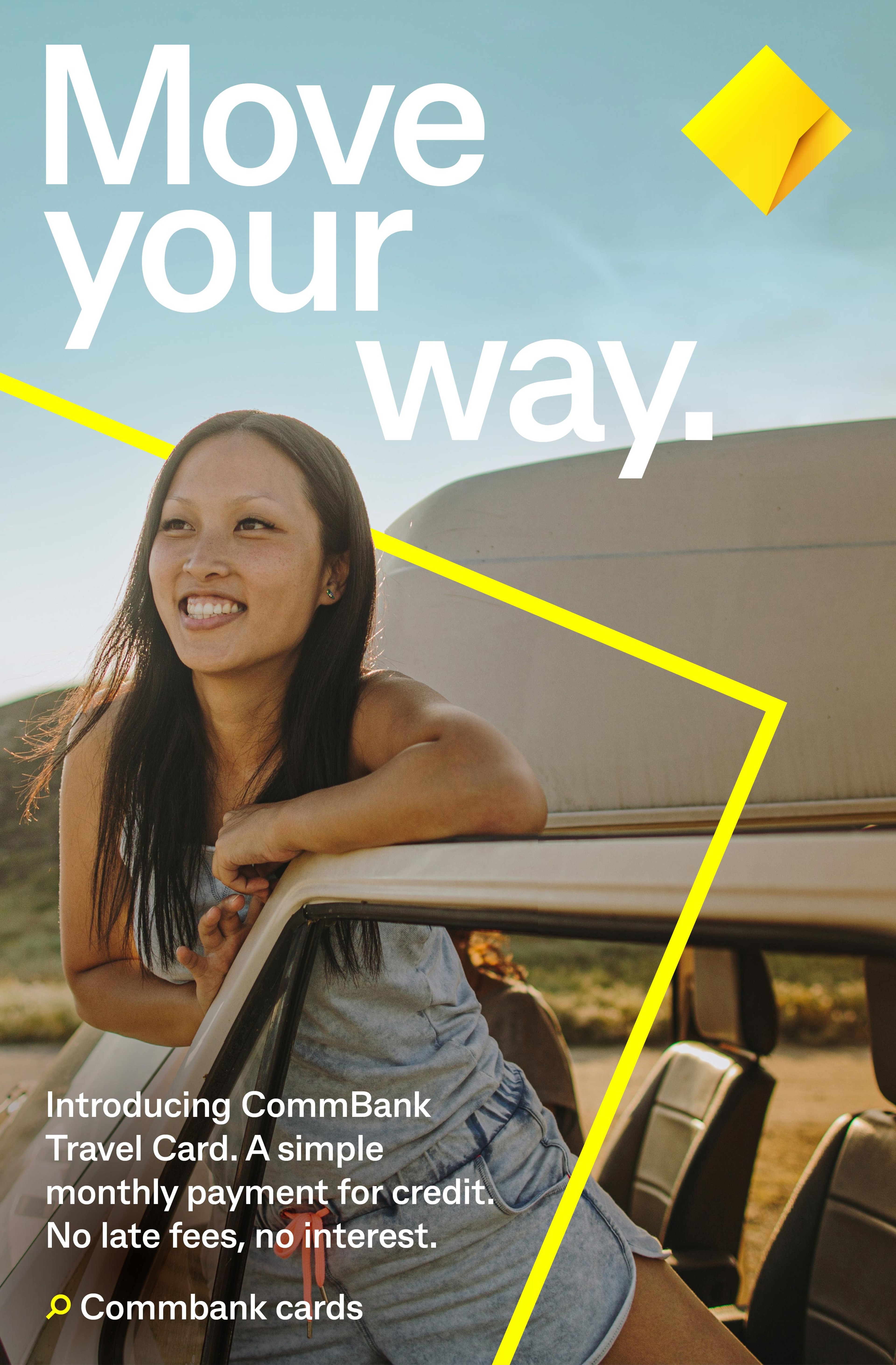 CommBank Travel Card poster, 'Move your way' headline set over a road-trip photograph