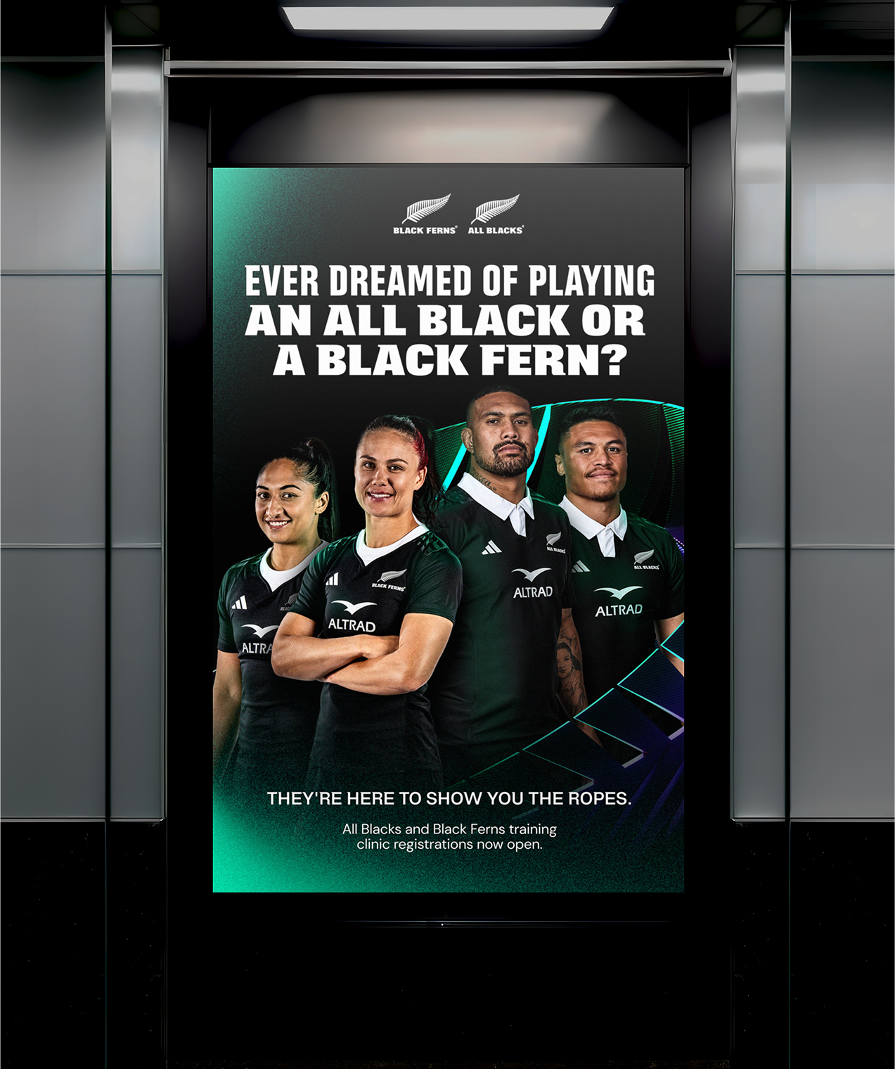 Lift-lobby screen poster inviting fans to All Blacks and Black Ferns training clinics