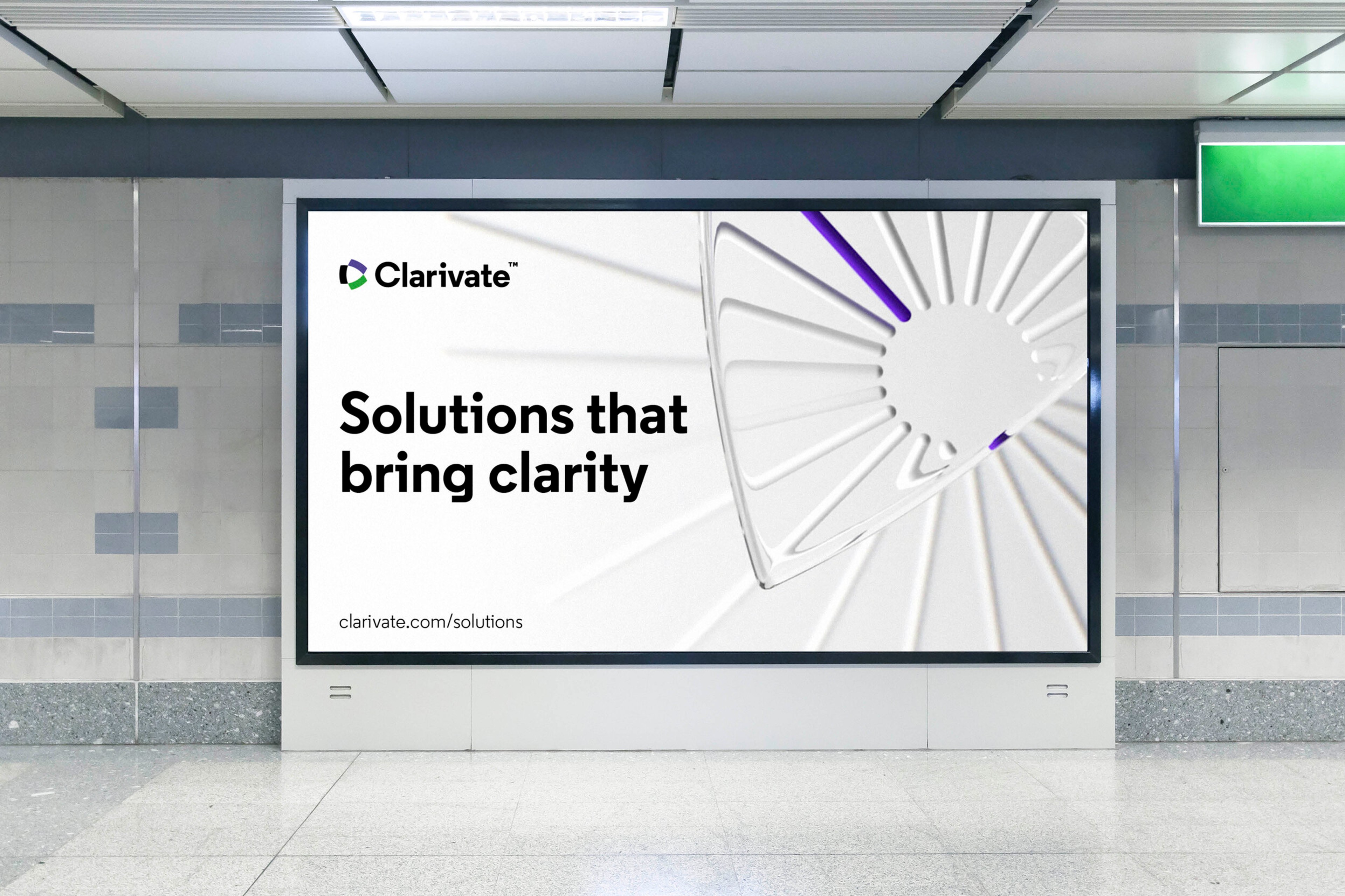 Clarivate billboard in a station concourse: Solutions that bring clarity beside a lens render