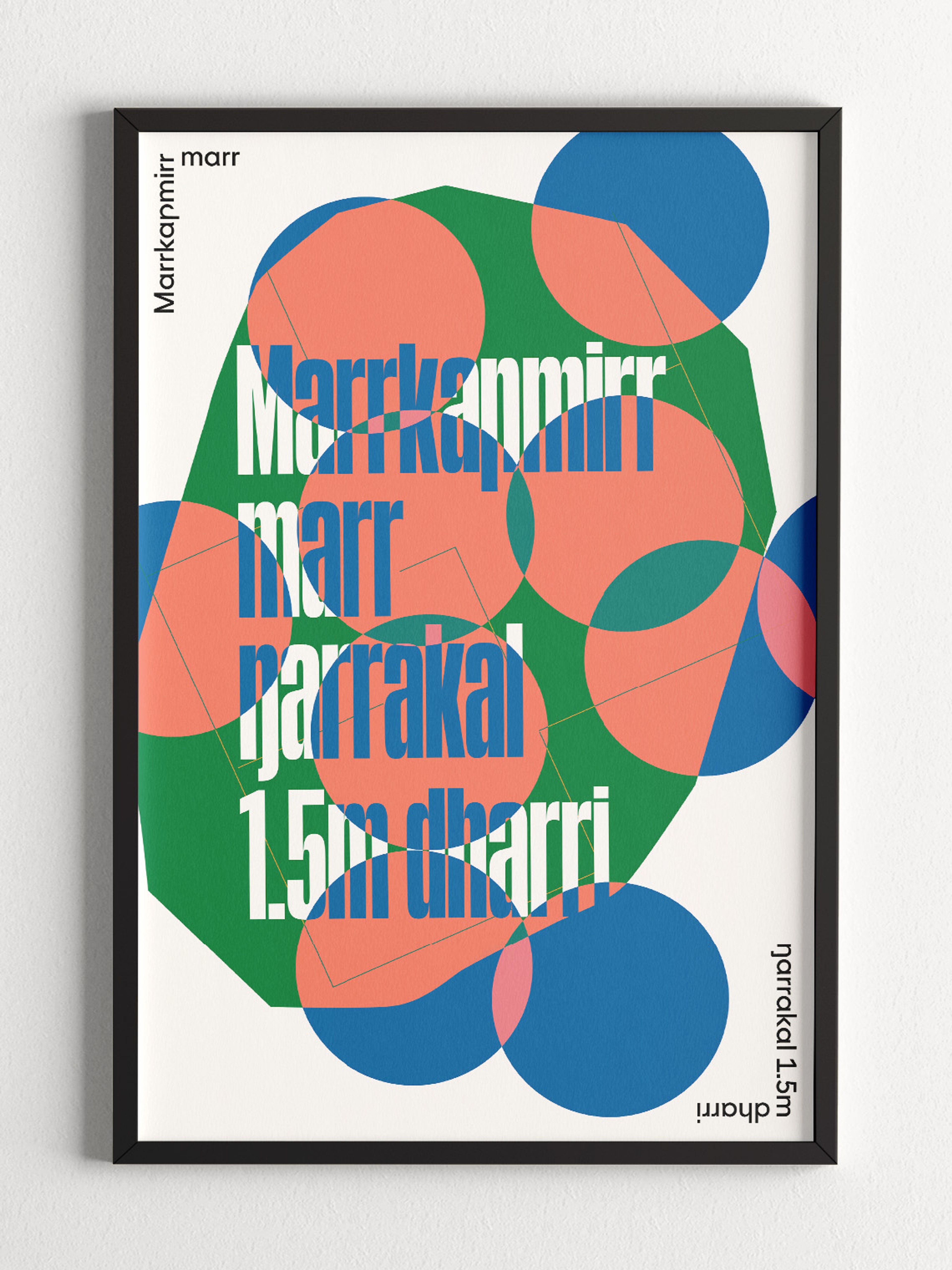 Framed geometric poster where circles and faint floorplan lines carry a 1.5m distancing message