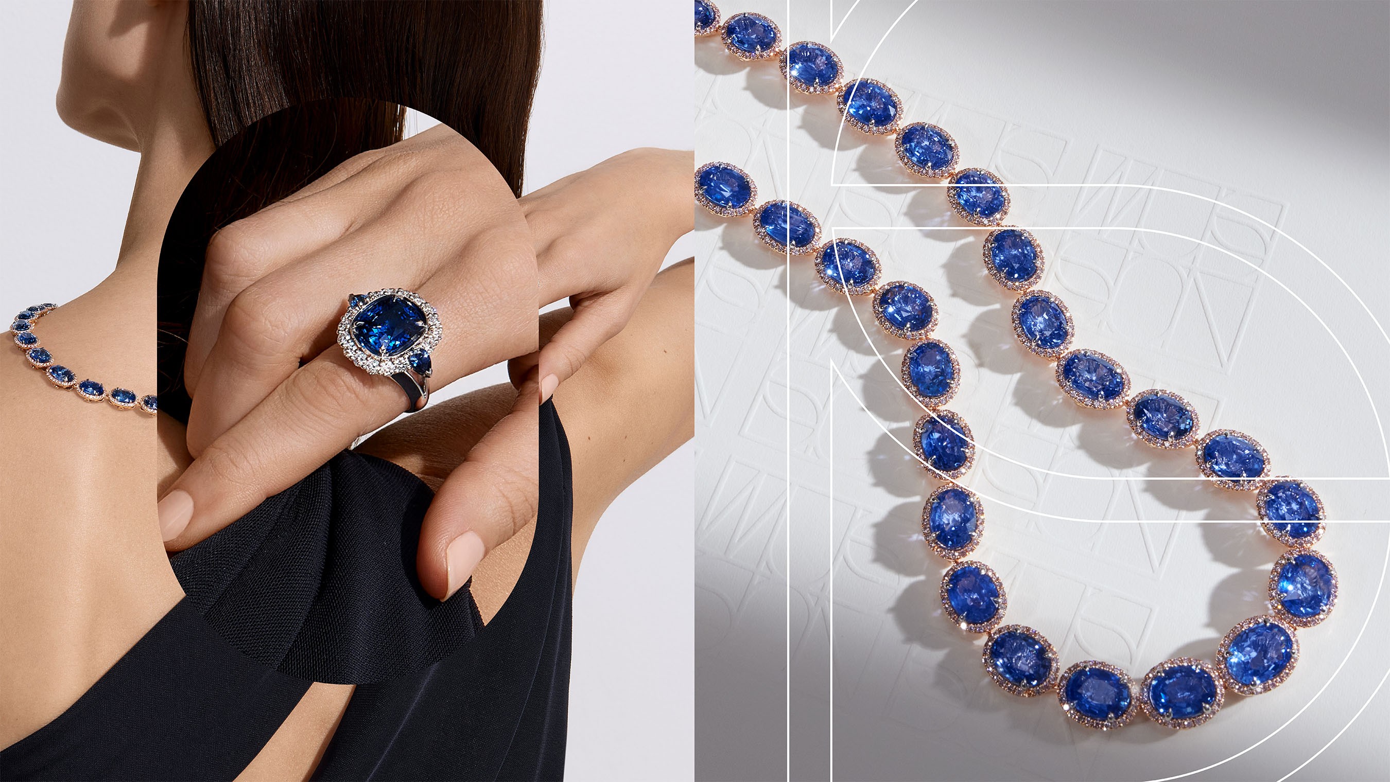 Campaign layout pairing a sapphire cocktail ring on the hand with a rose-gold sapphire necklace