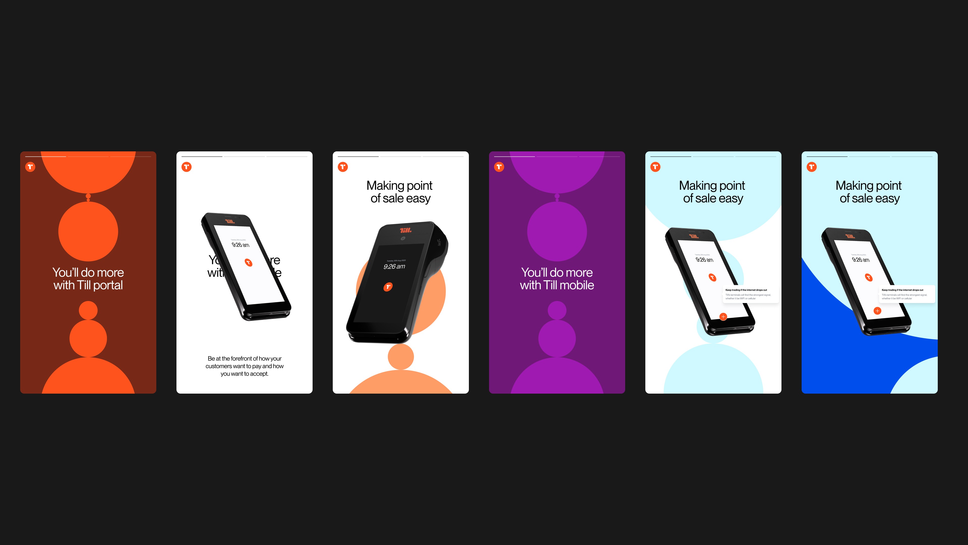 Onboarding app screens for portal and mobile, circle motifs in rust, purple, blue and white