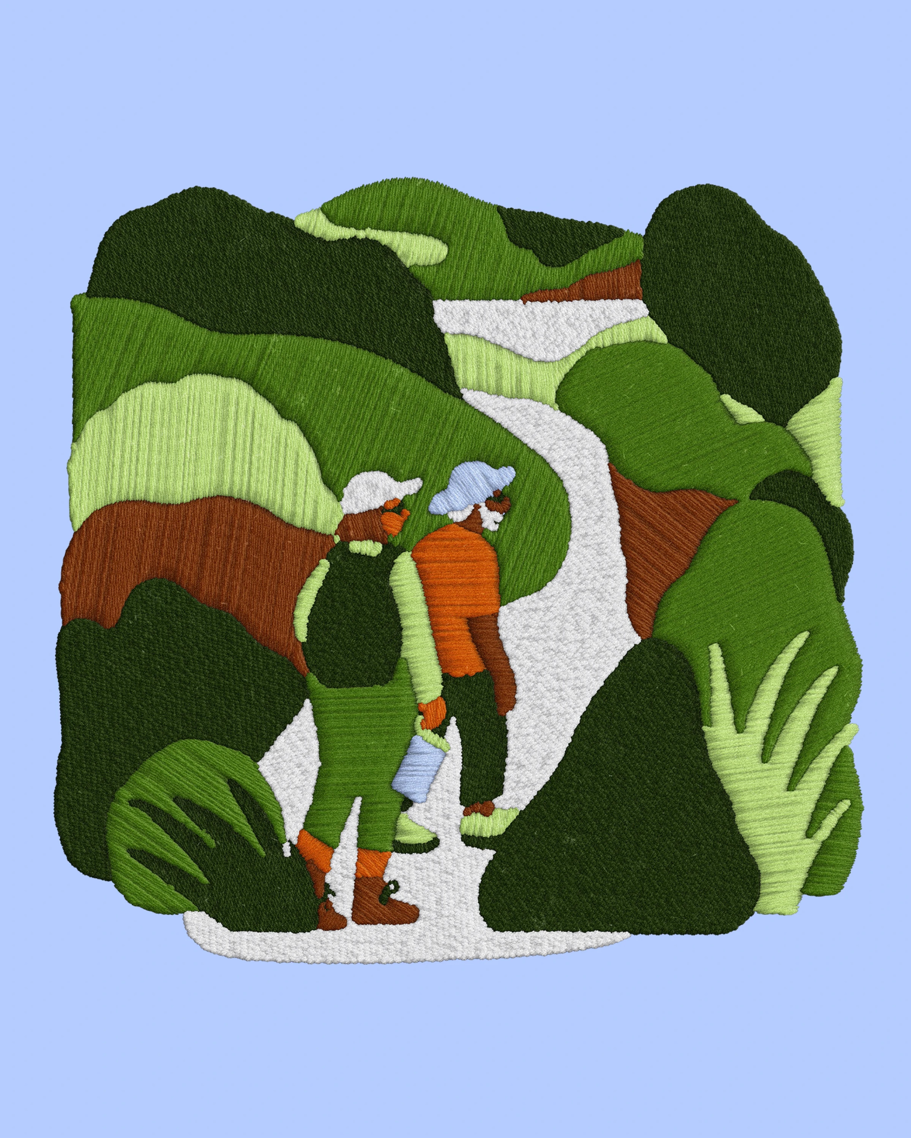 Two walkers with backpacks on a winding path through stitched green hills and scrub