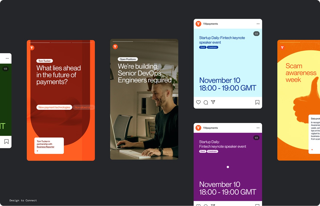 Recruitment and event social posts in red, purple and yellow arranged on a dark canvas