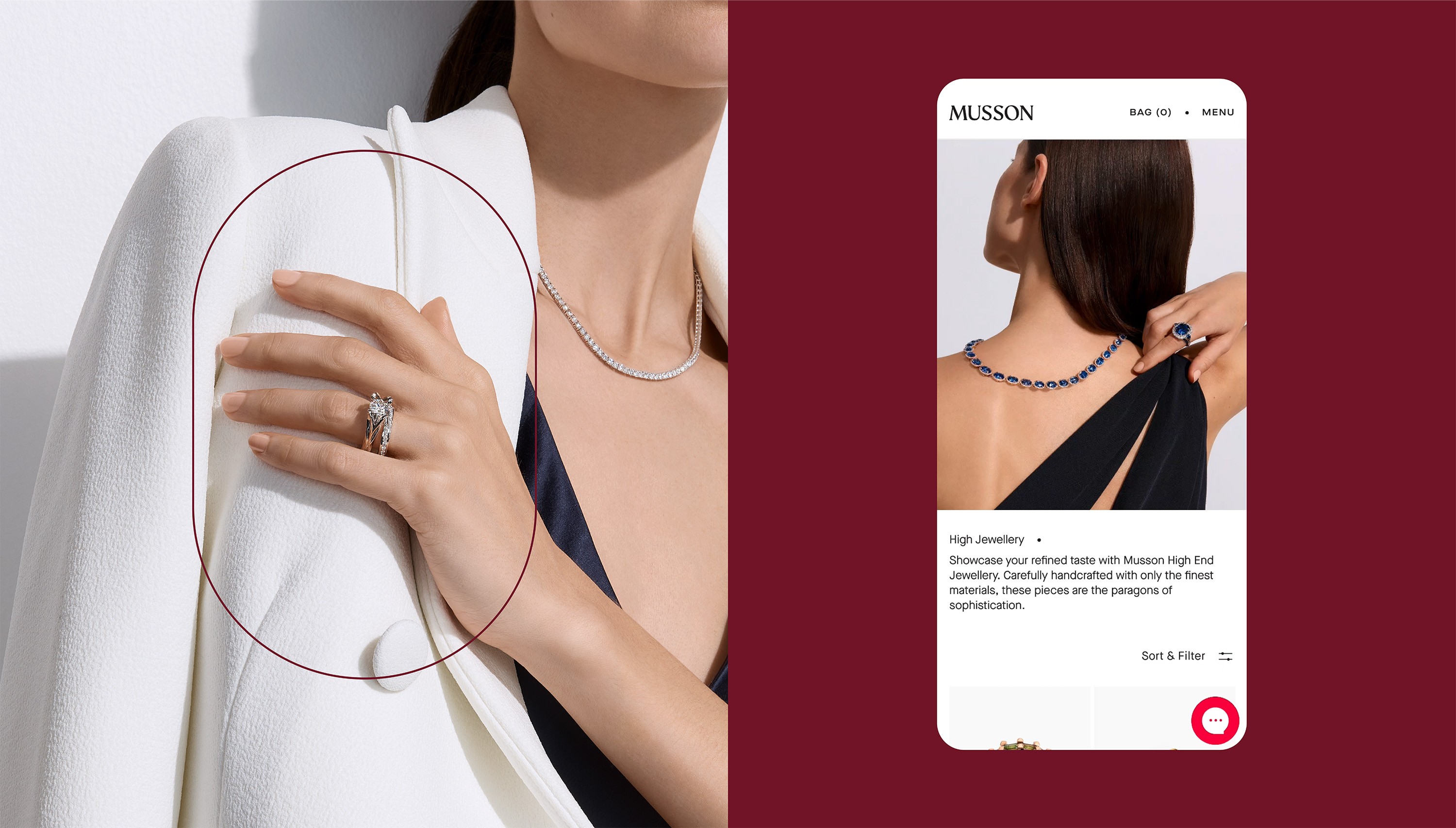Musson e-commerce page on mobile beside a diamond ring campaign shot, set on burgundy