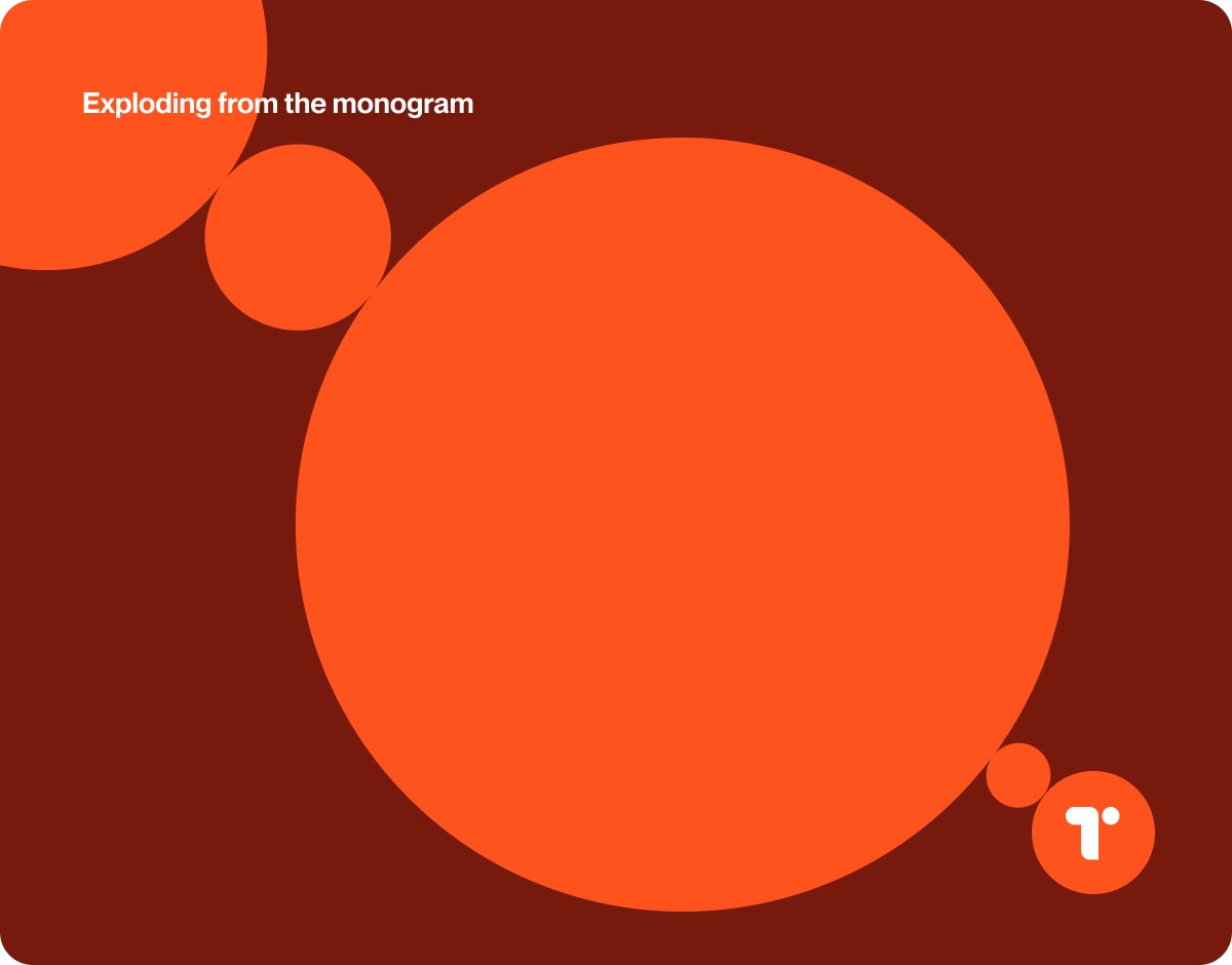 Brand slide on deep red where orange circles scale up out of the Till T monogram