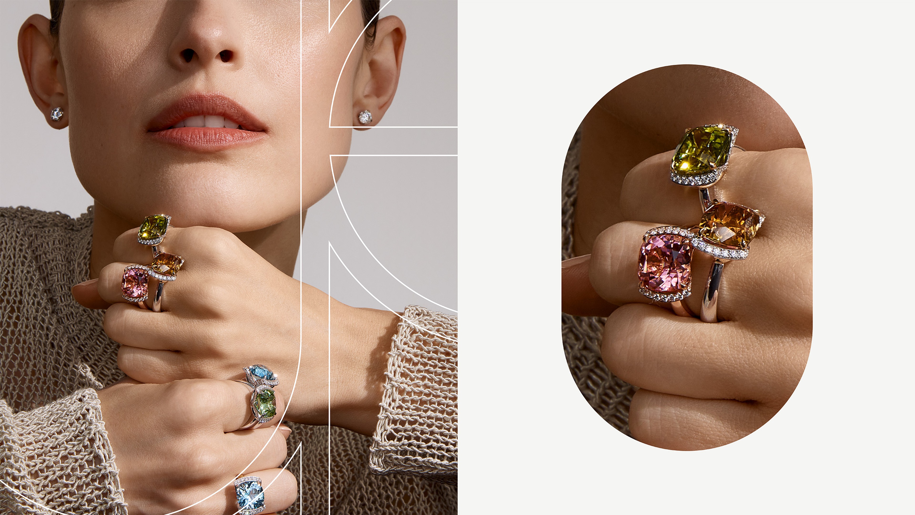 Gemstone rings in peridot, pink and citrine shown on the hand and in a rounded crop