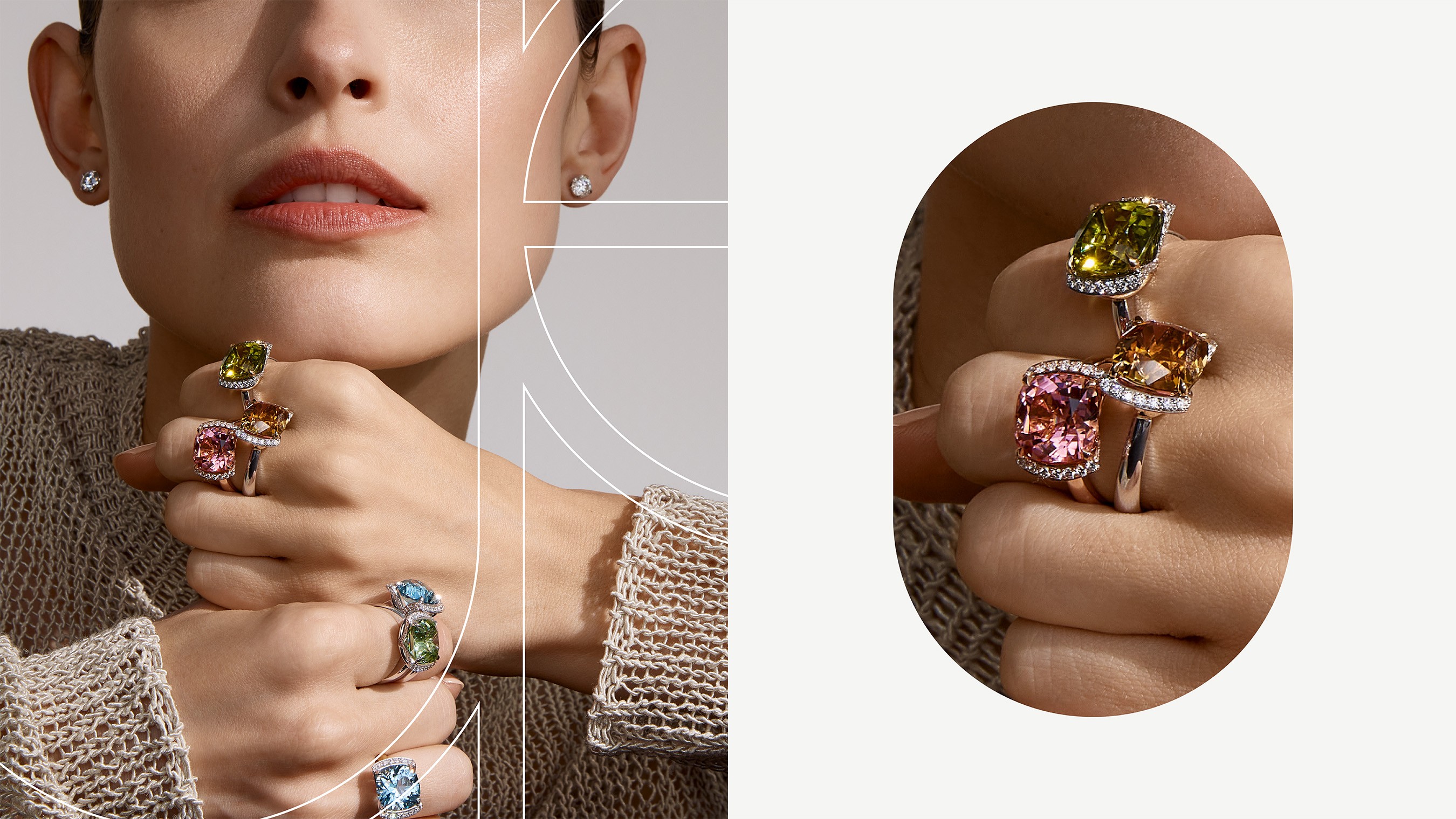 Gemstone rings in peridot, pink and citrine shown on the hand and in a rounded crop
