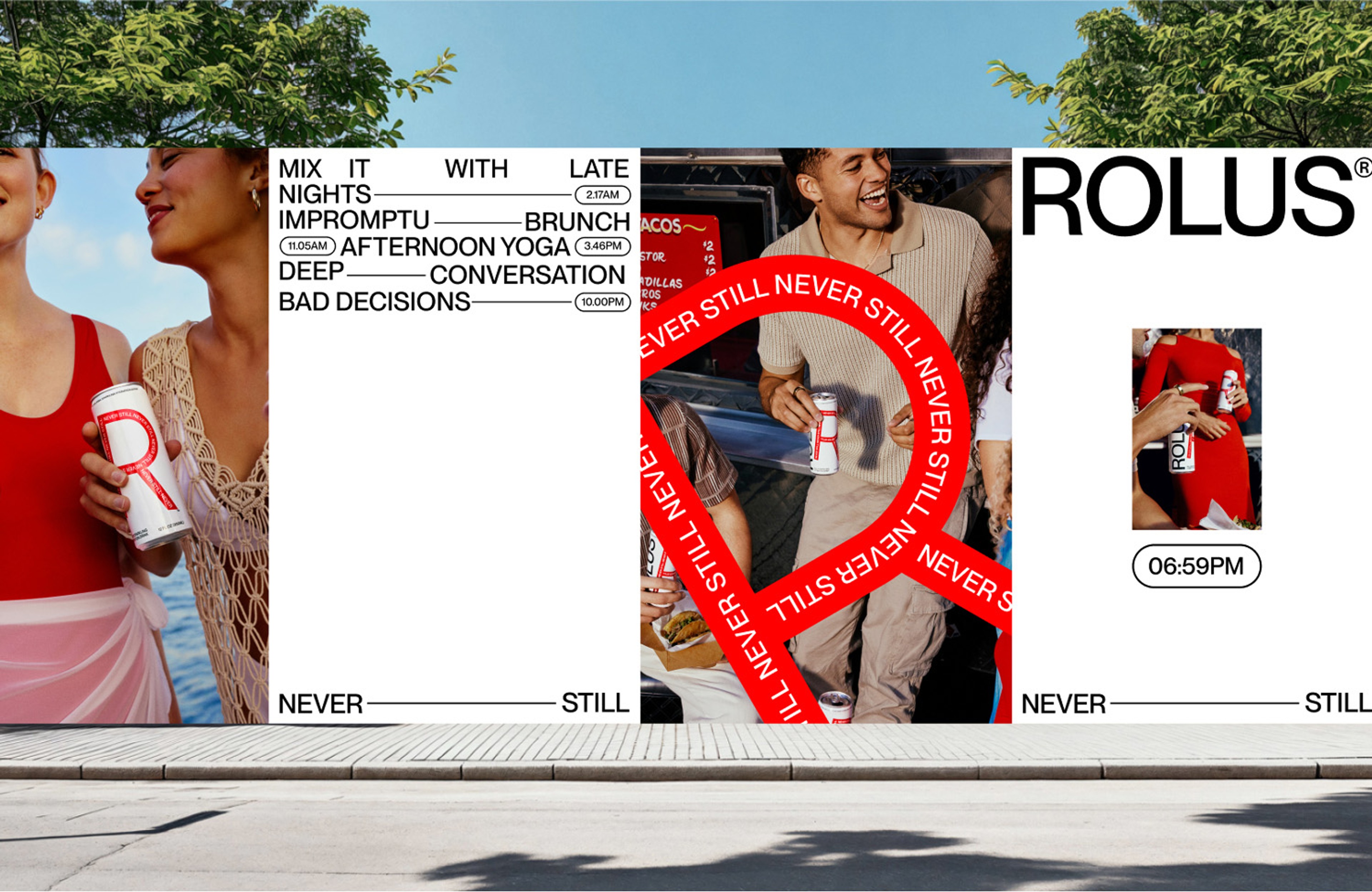 Street billboards listing late nights, brunch and bad decisions beside the Rolus mark