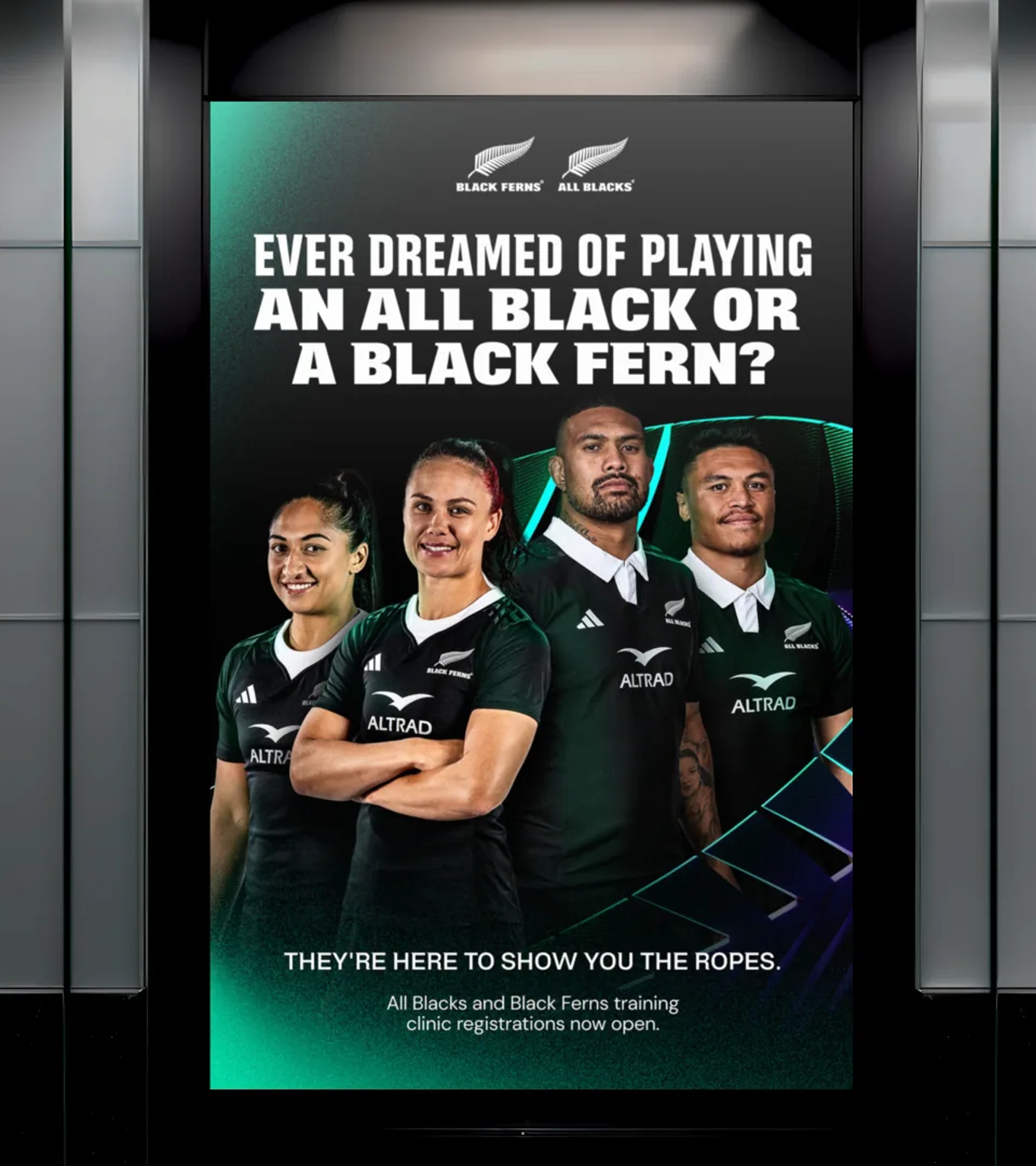 Vertical screen ad in a lift lobby, two Black Ferns and two All Blacks standing together
