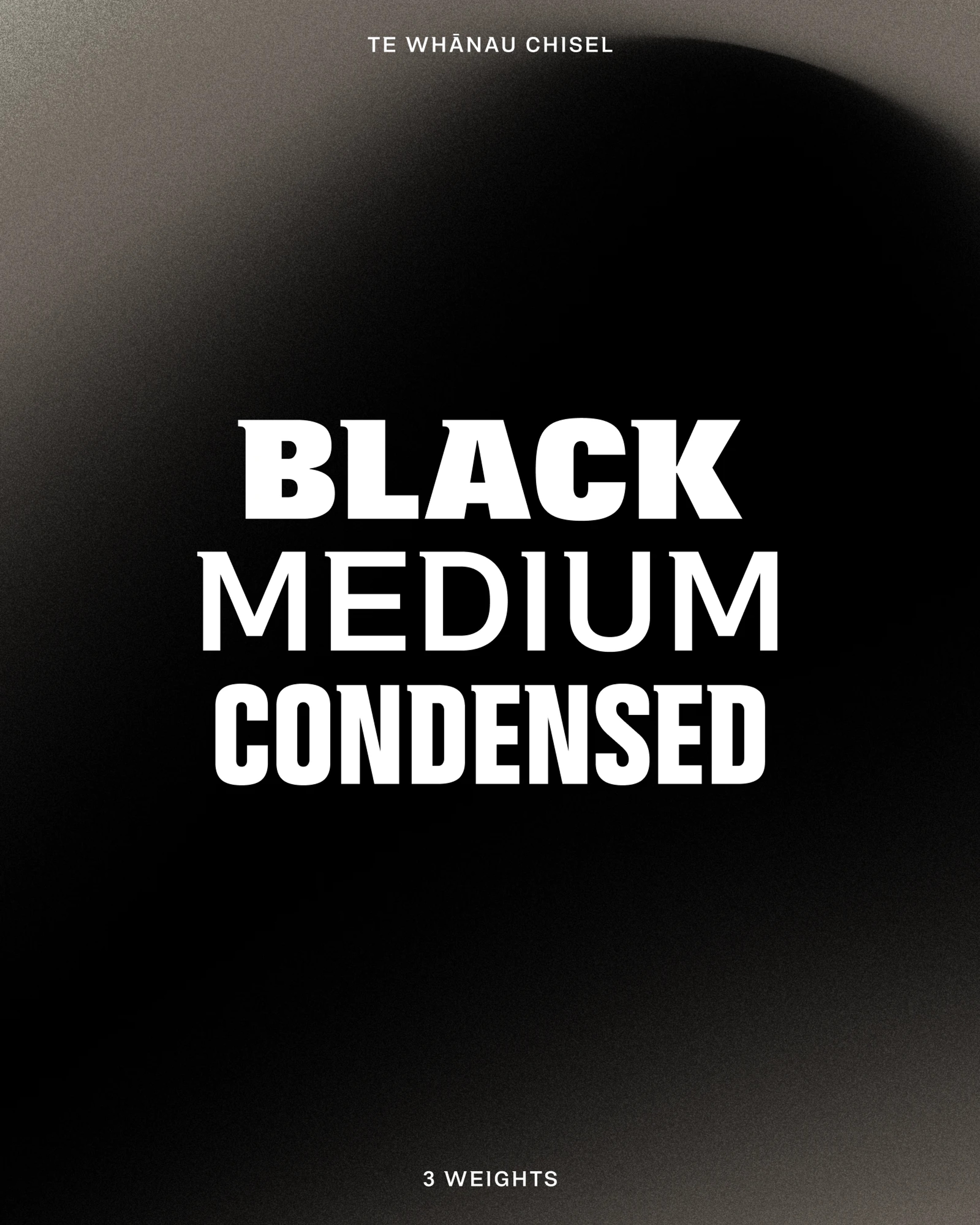 Te Whānau Chisel typeface specimen showing black, medium and condensed weights