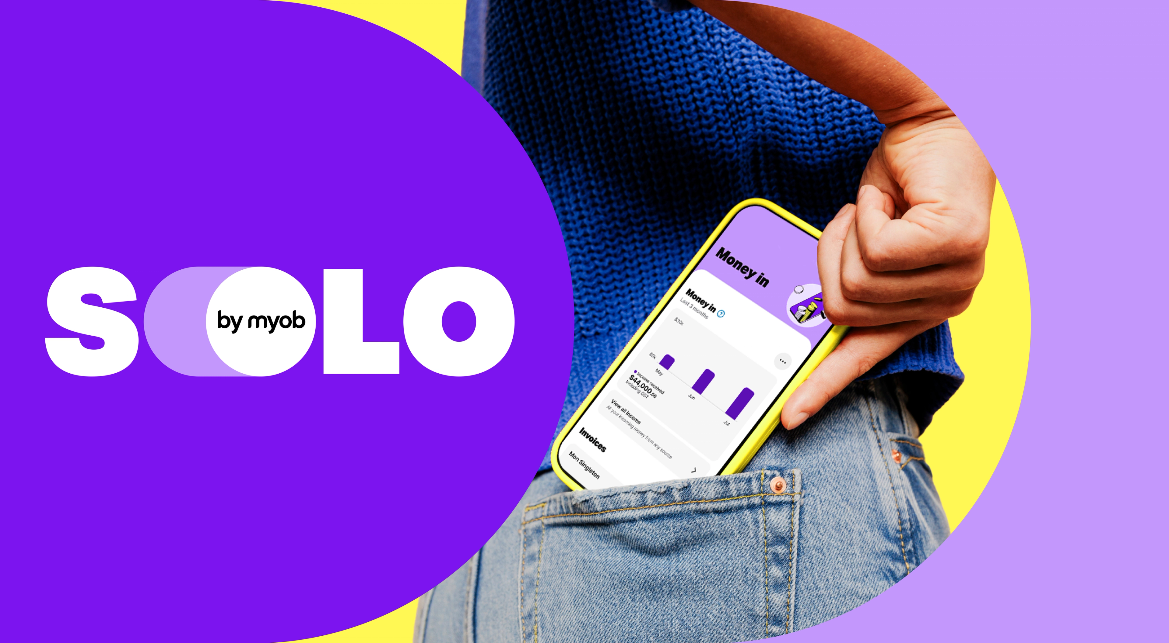 Solo wordmark beside a phone in a back jeans pocket showing the app's 'Money in' dashboard