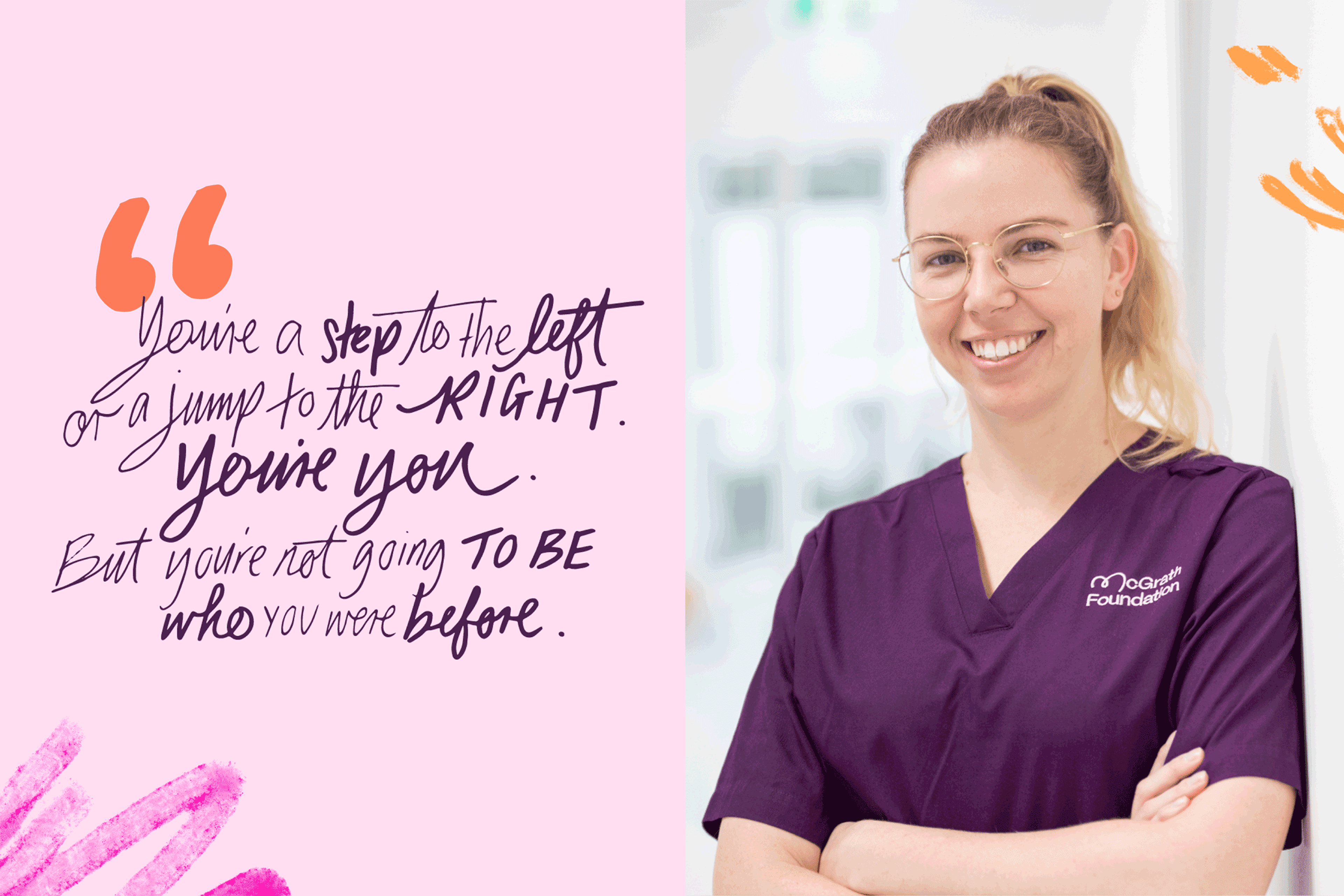 Pale pink panel of hand-lettered campaign copy in mixed scripts, next to a smiling nurse in purple scrubs