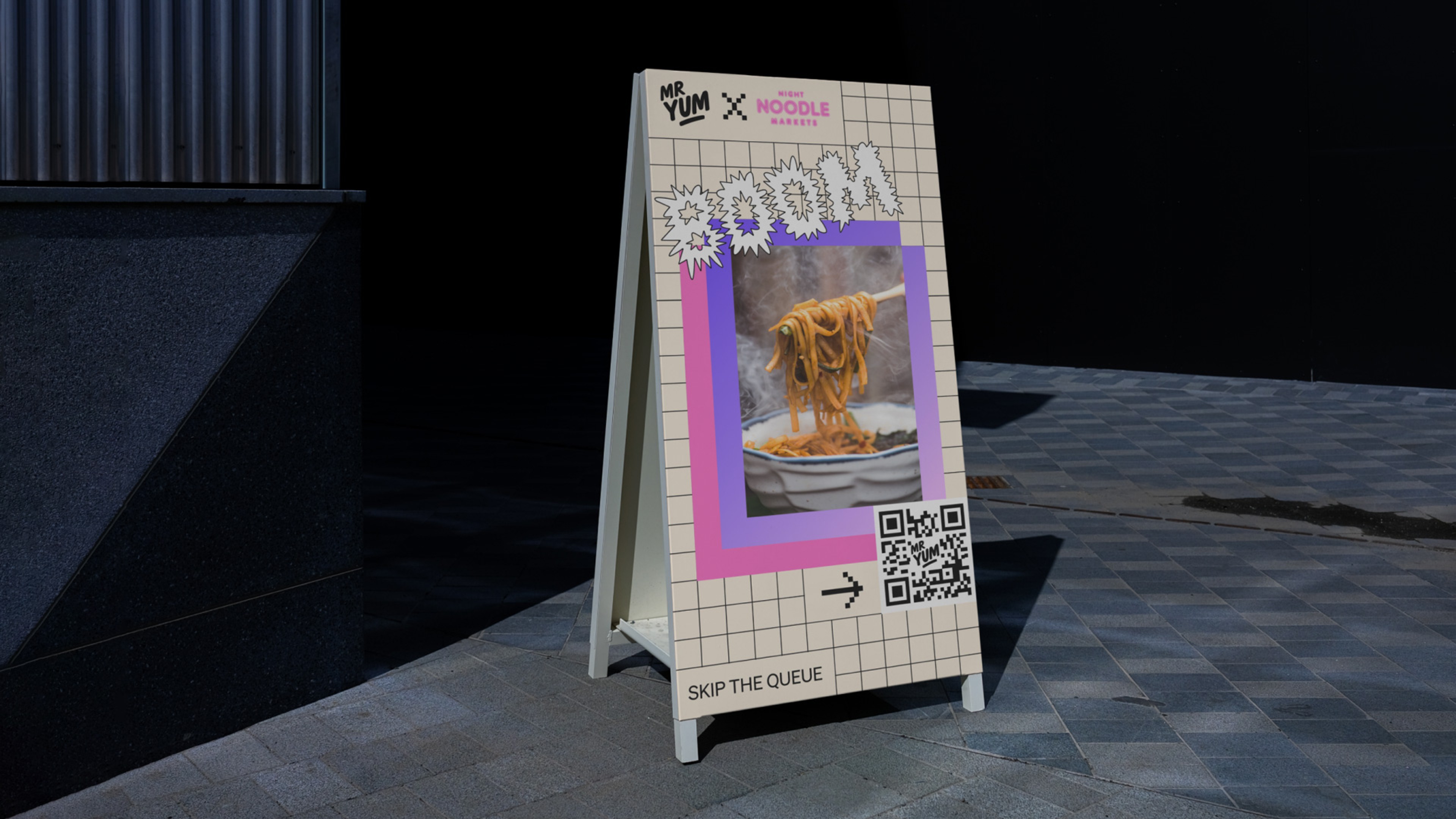 Mr Yum x Noodle Markets A-frame poster with steaming noodles in a pink frame and a QR code