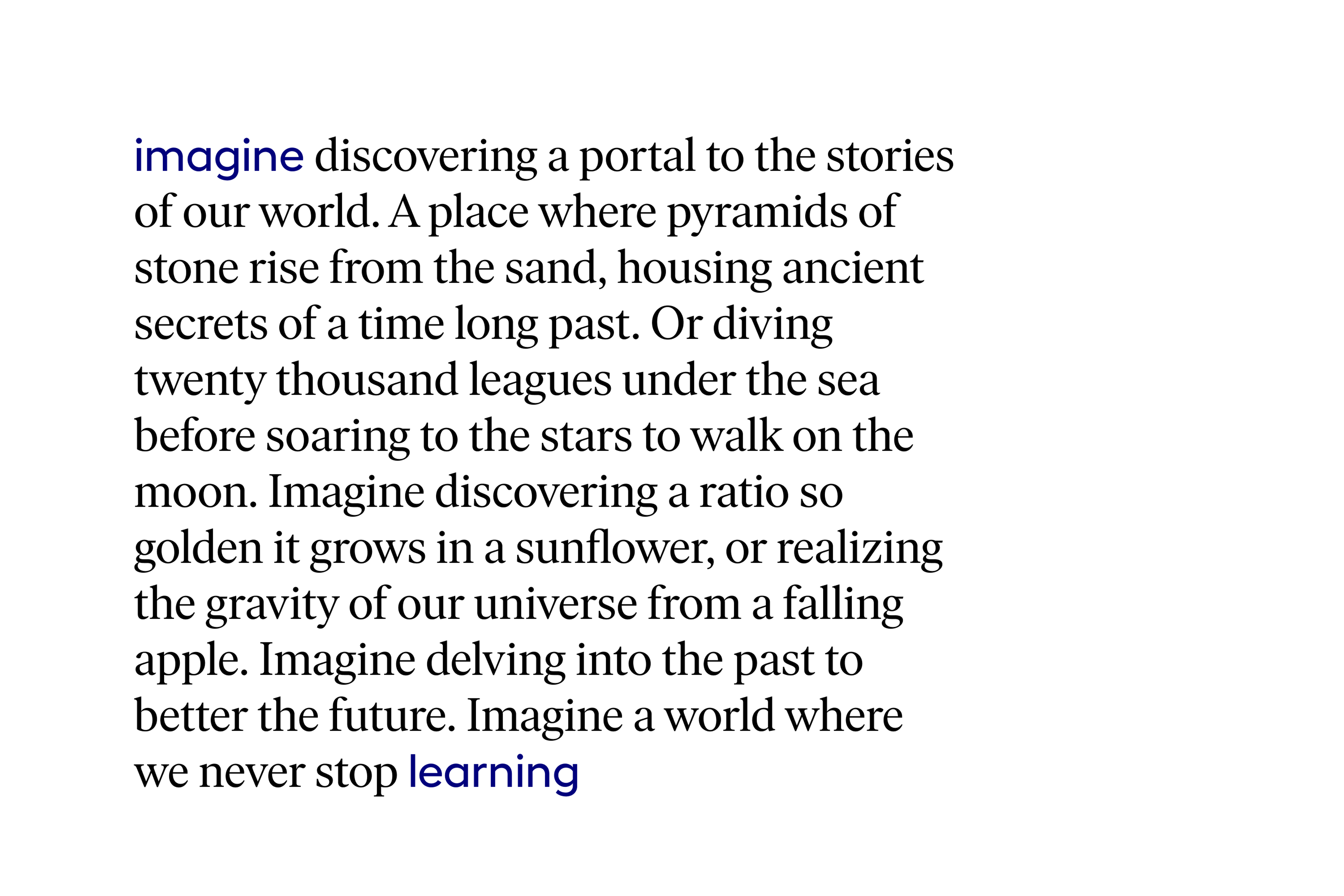 Serif manifesto page with the words 'imagine' and 'learning' picked out in blue