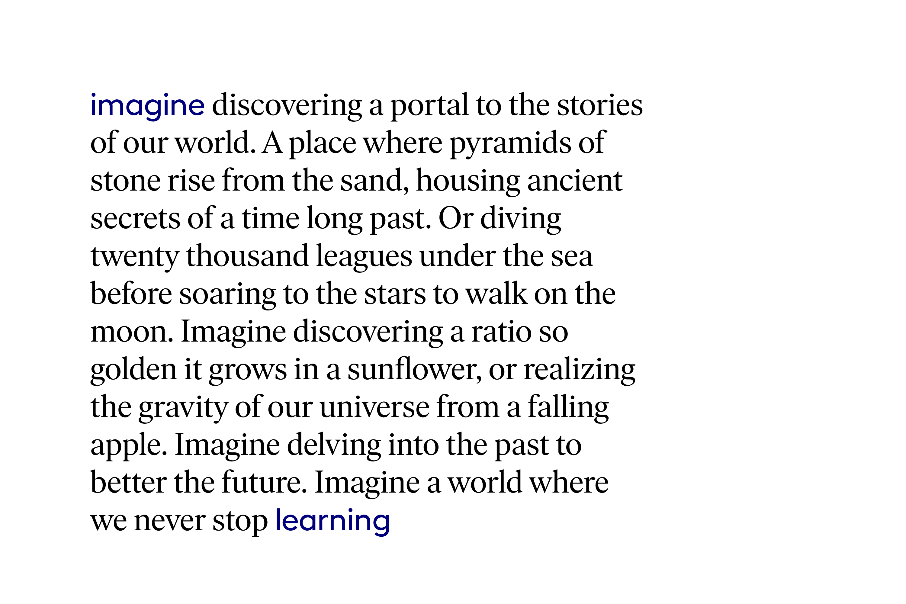 Serif manifesto page with the words 'imagine' and 'learning' picked out in blue
