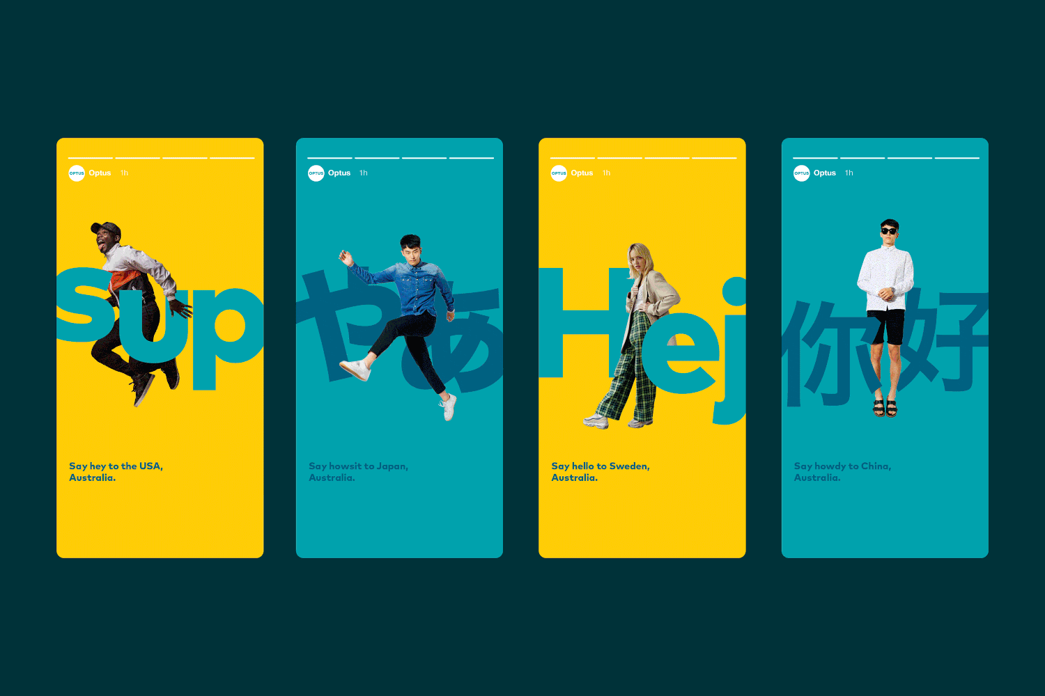 Four Optus app screens in yellow and teal, each pairing a multilingual greeting with a full-body portrait