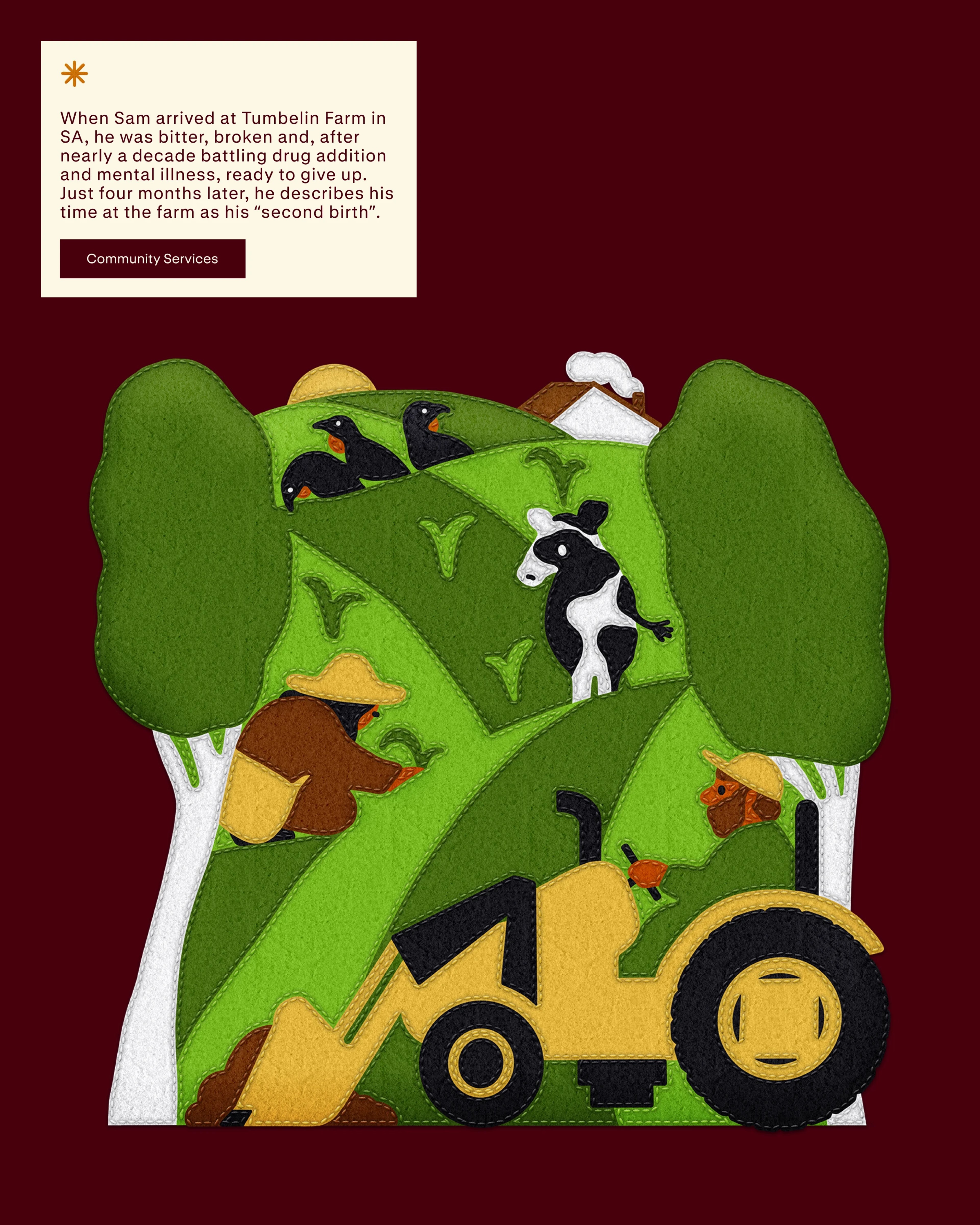 Farm scene in felt — tractor, dairy cow and workers on green hills — with a Community Services story