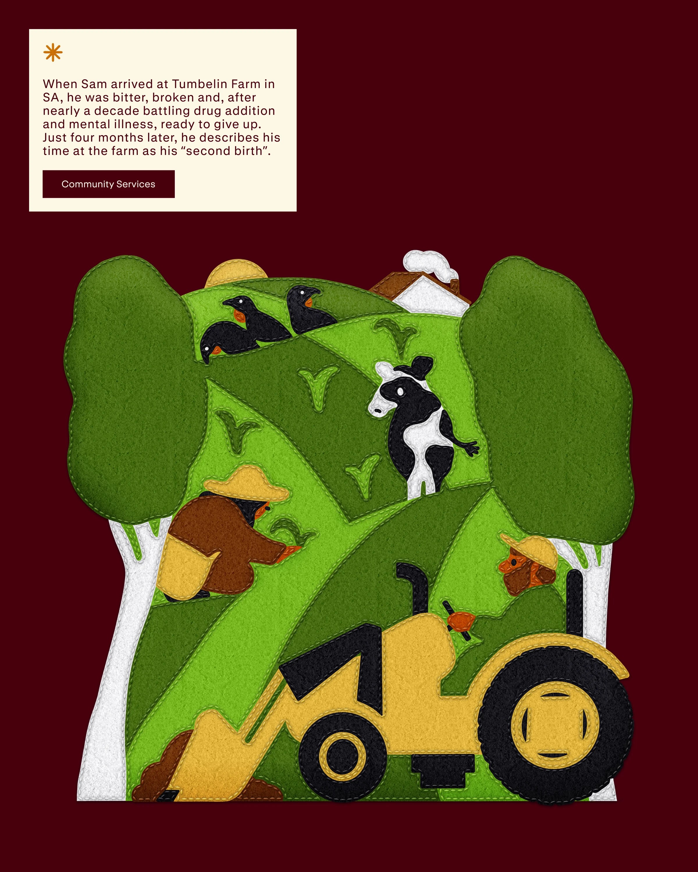Farm scene in felt — tractor, dairy cow and workers on green hills — with a Community Services story