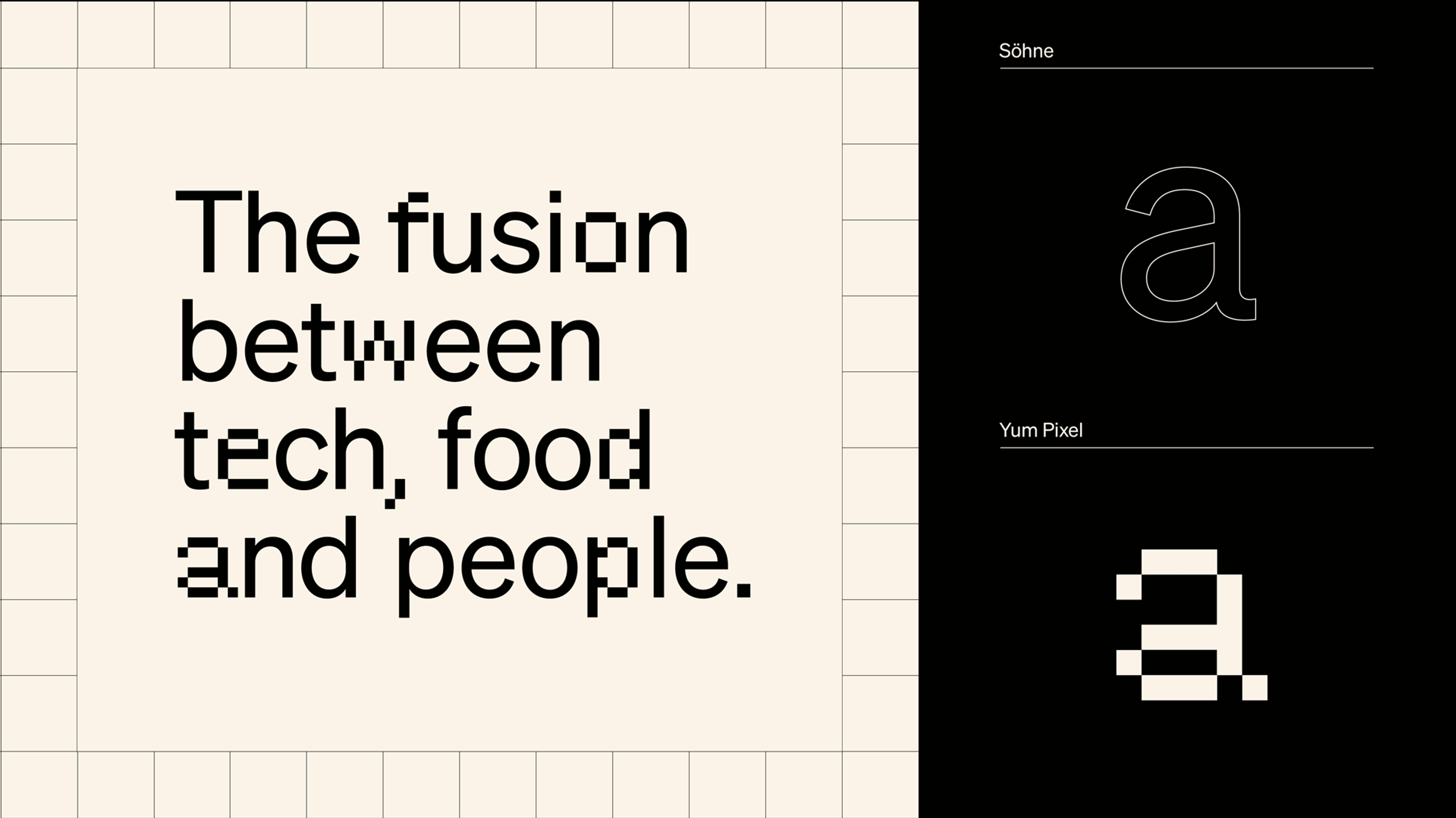 Type specimen pairing Söhne with the custom Yum Pixel face on a fine grid ground