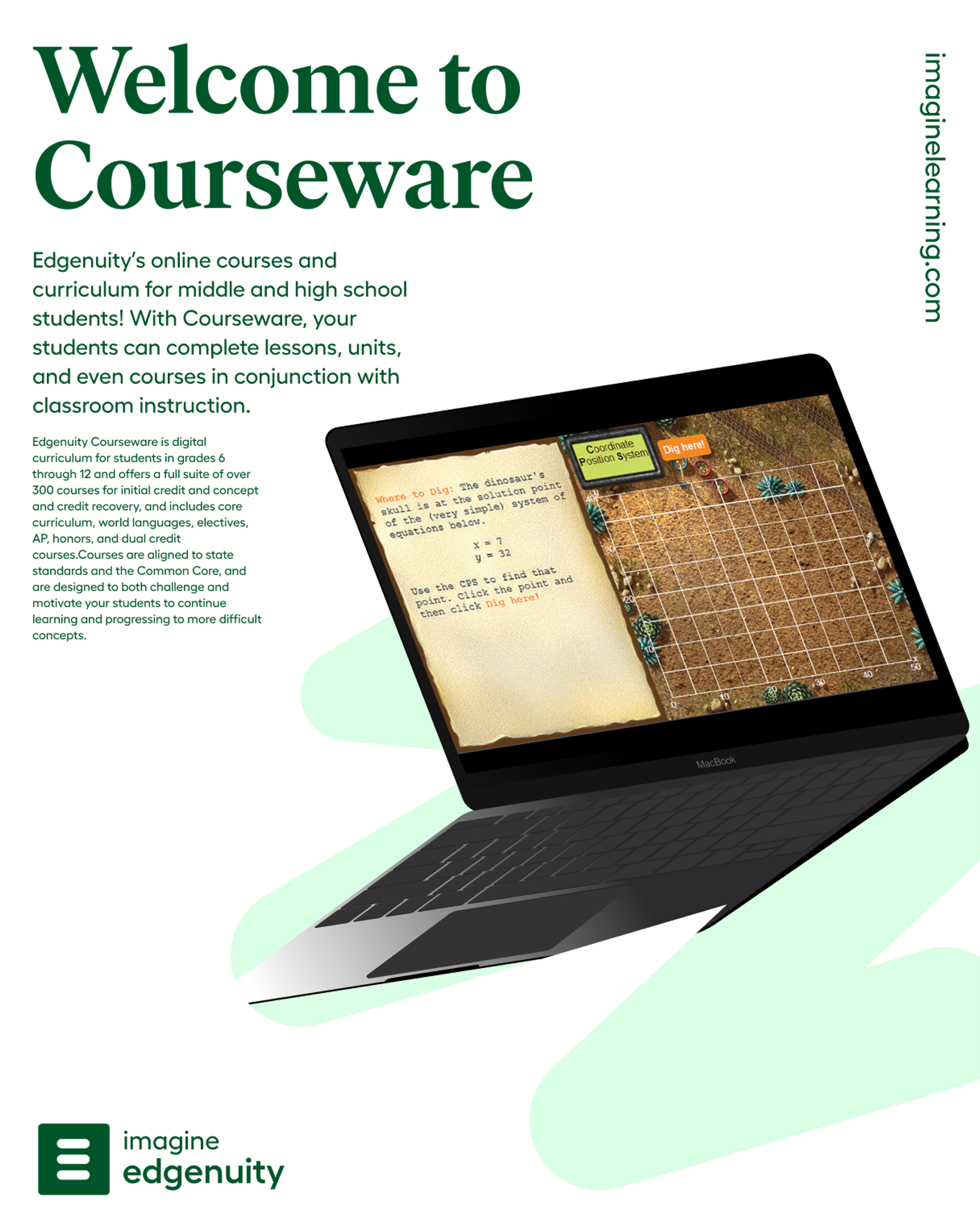 Edgenuity Courseware flyer with a laptop showing a dinosaur-dig coordinate maths lesson