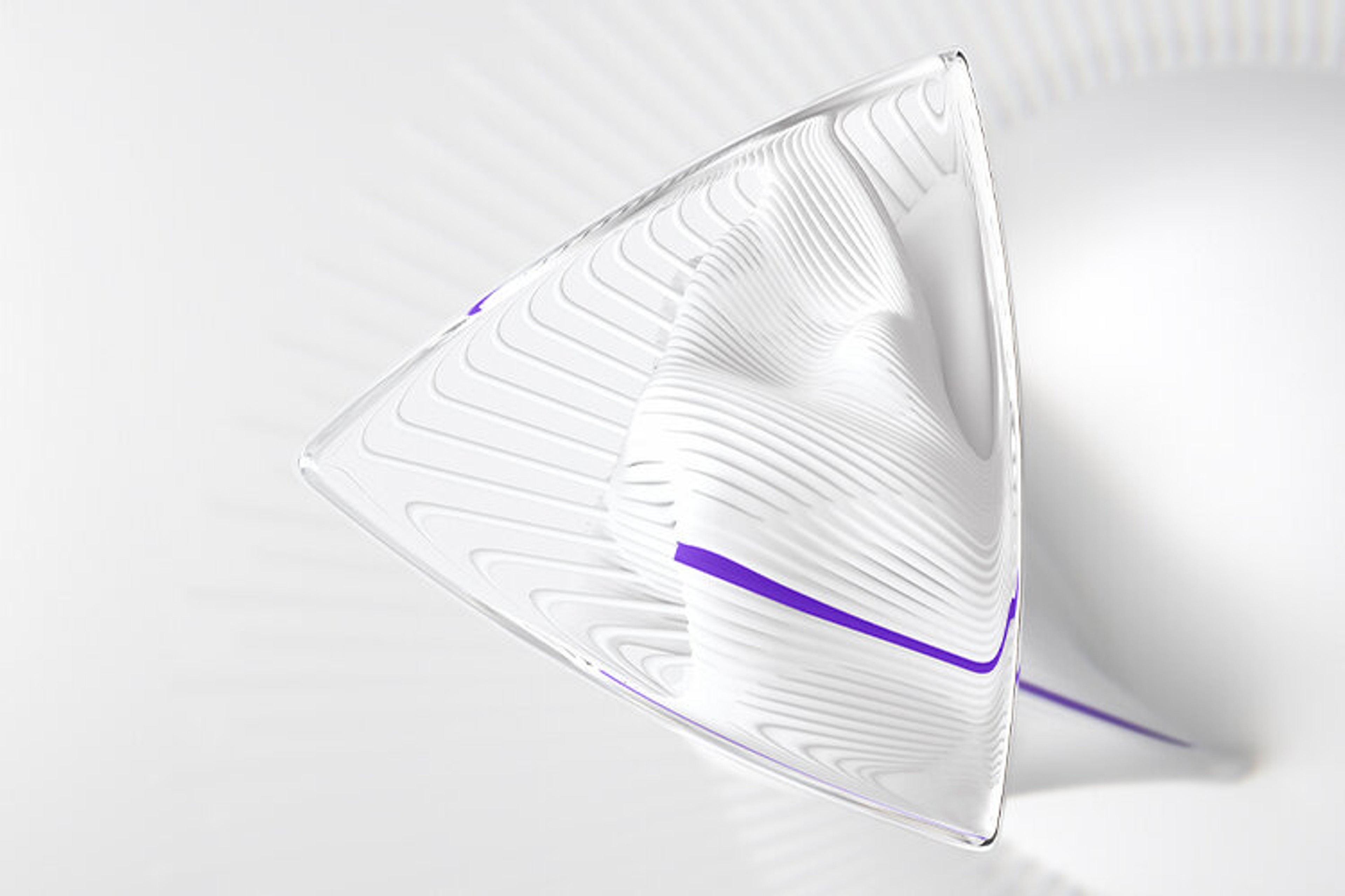 Sculptural translucent lens form, ridged in white and cut by a single violet line