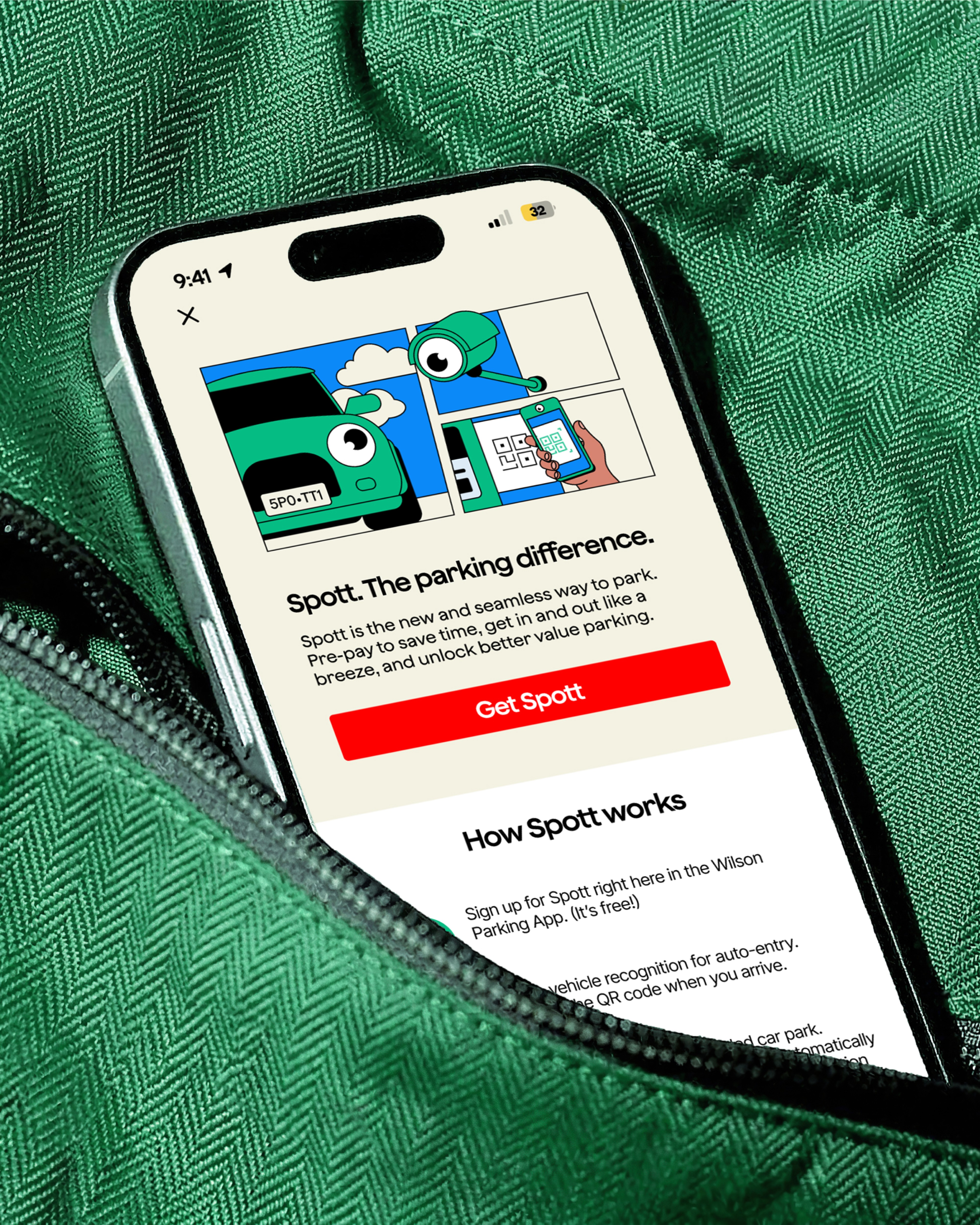 Phone in a green jacket pocket showing the Spott sign-up screen for Wilson Parking's new parking app