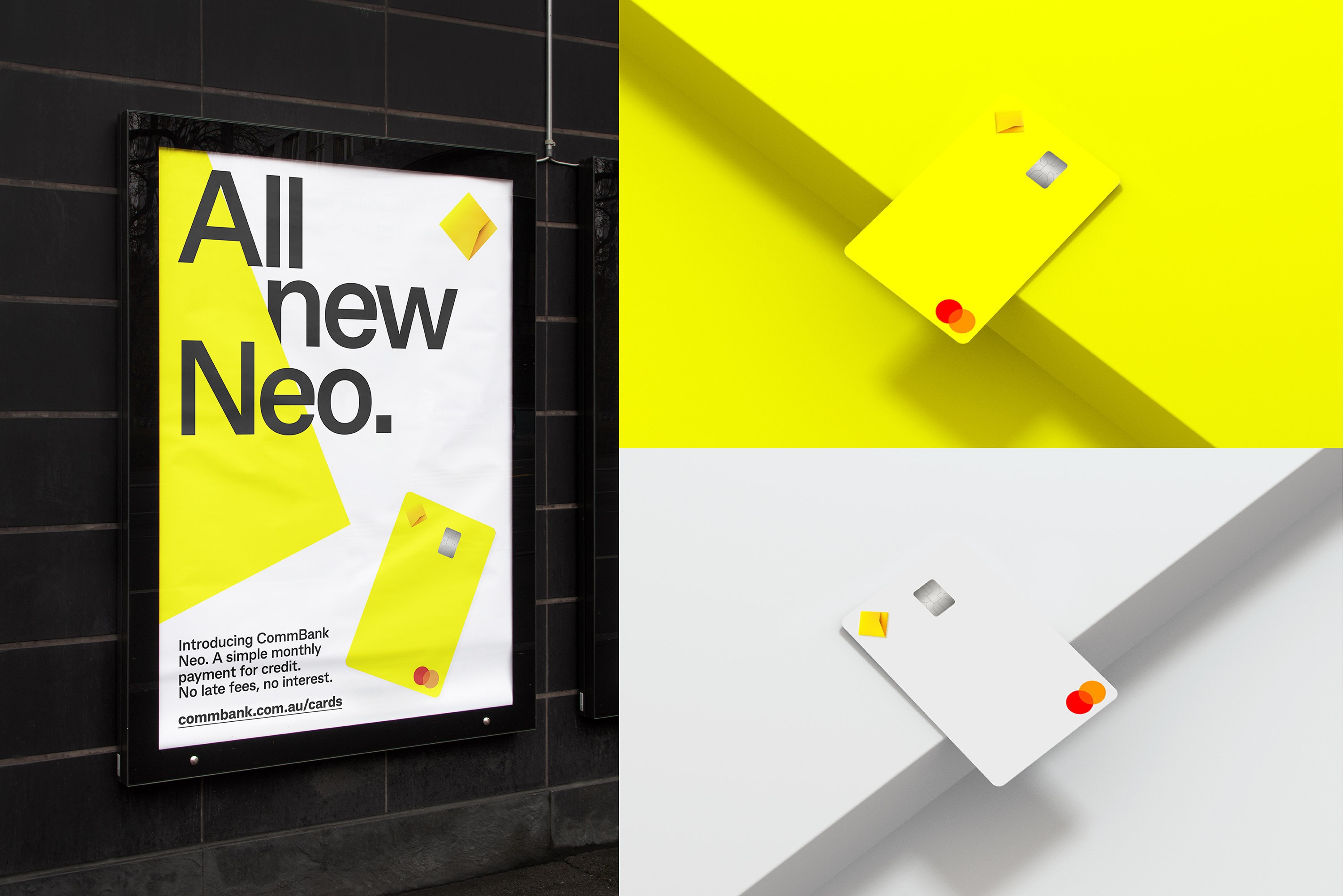 Neo card campaign: street poster alongside yellow and white CommBank credit cards