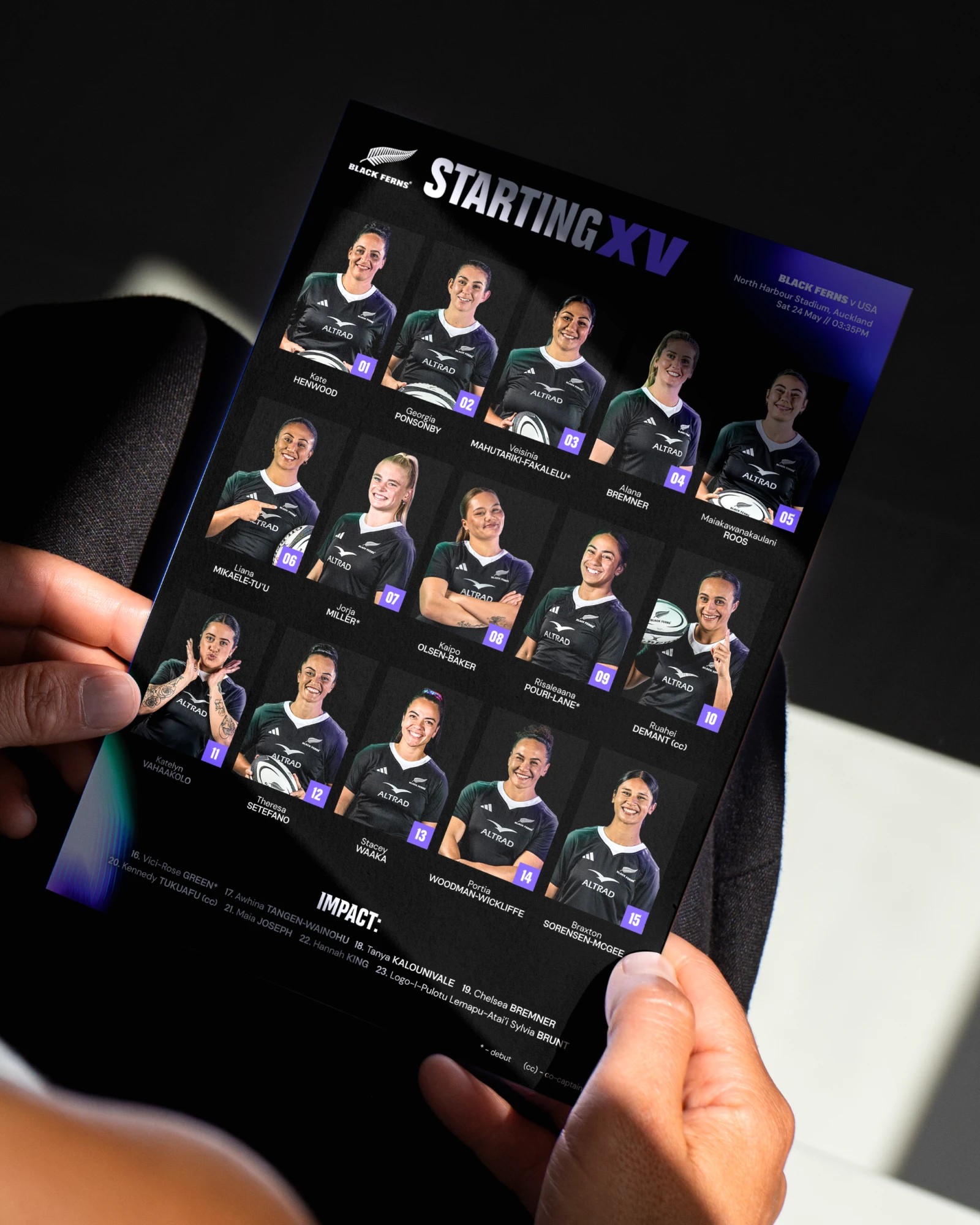 Hands holding a Black Ferns "Starting XV" team-sheet card of player portraits