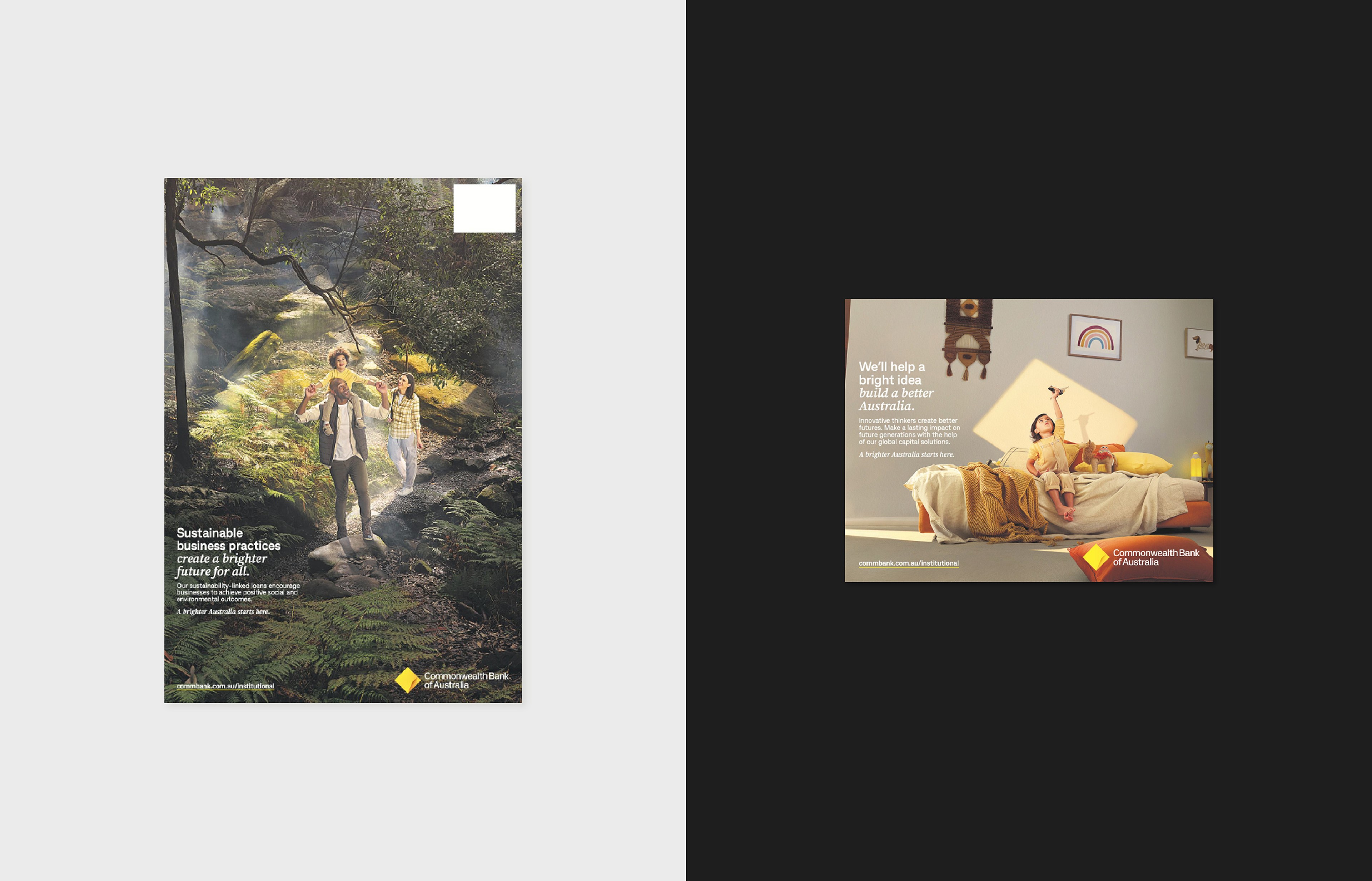 Two CommBank sustainability ad layouts, one portrait and one square, on grey and black