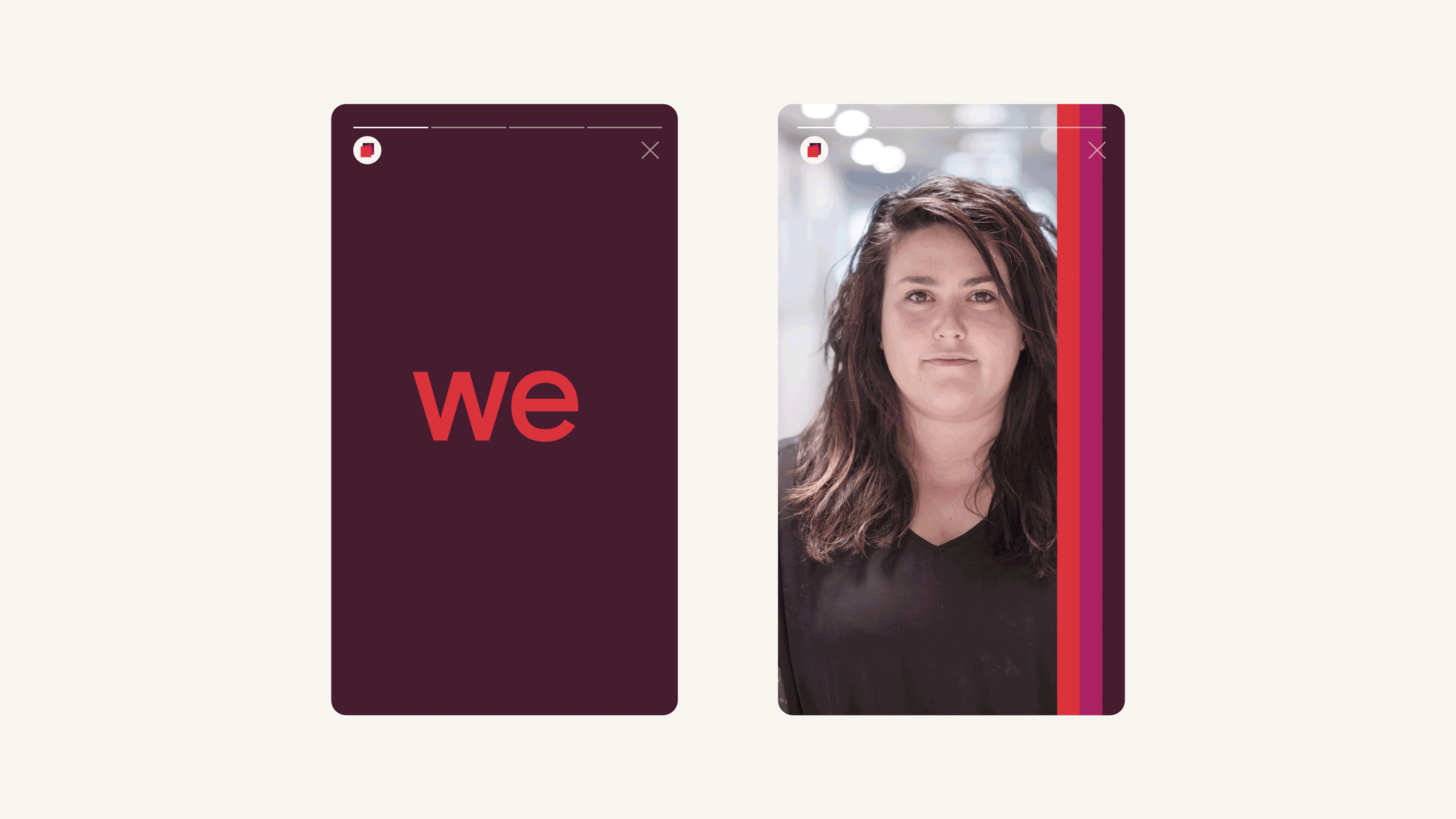 Two social story screens: a red 'we' on plum, and a portrait edged with a striped colour band