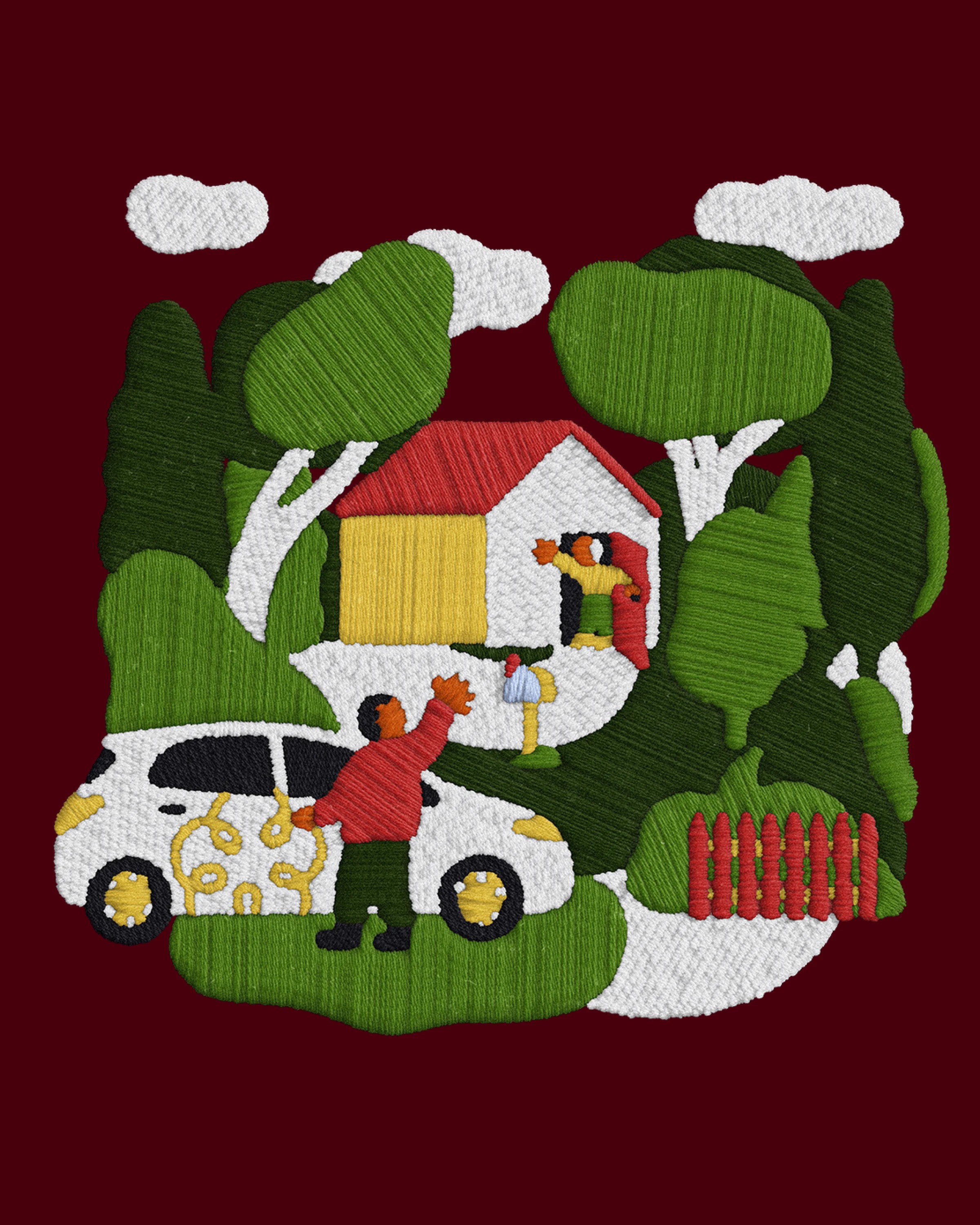 Stitched scene of a cottage among trees, a visitor waving beside a car at the letterbox