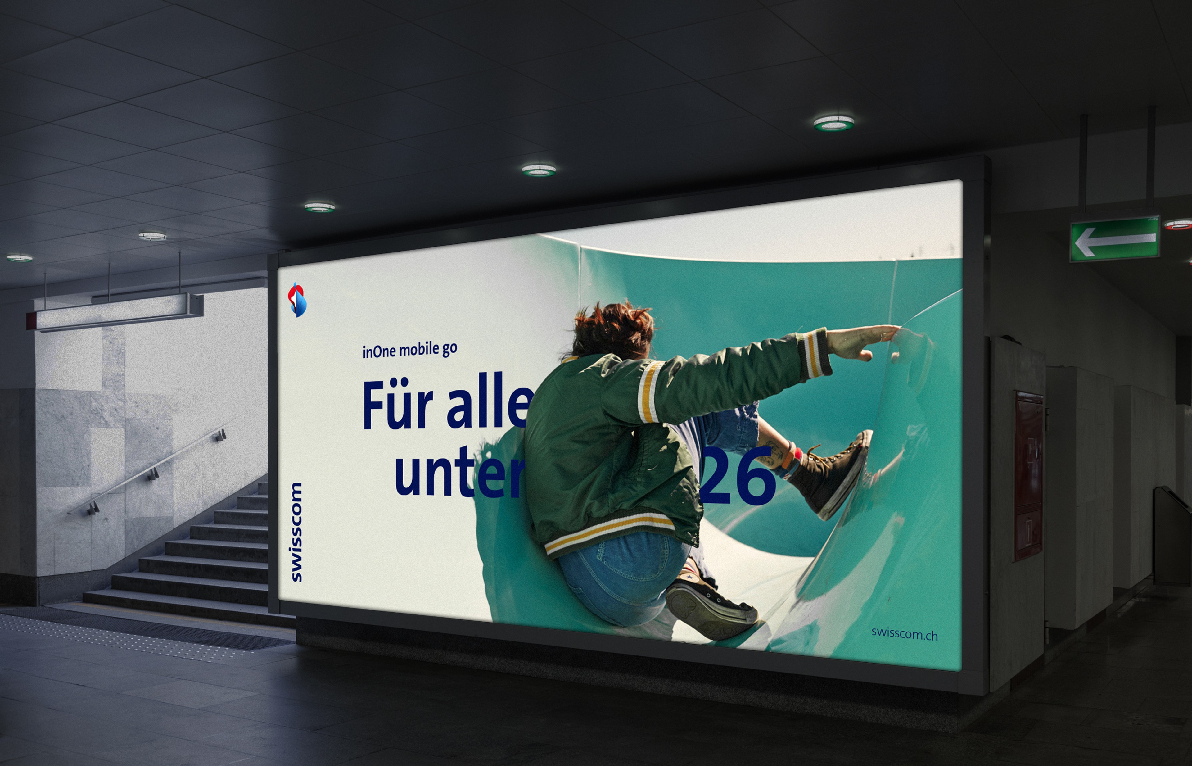 Swisscom inOne mobile go billboard, teal artwork of a young person in a green bomber jacket mid-leap