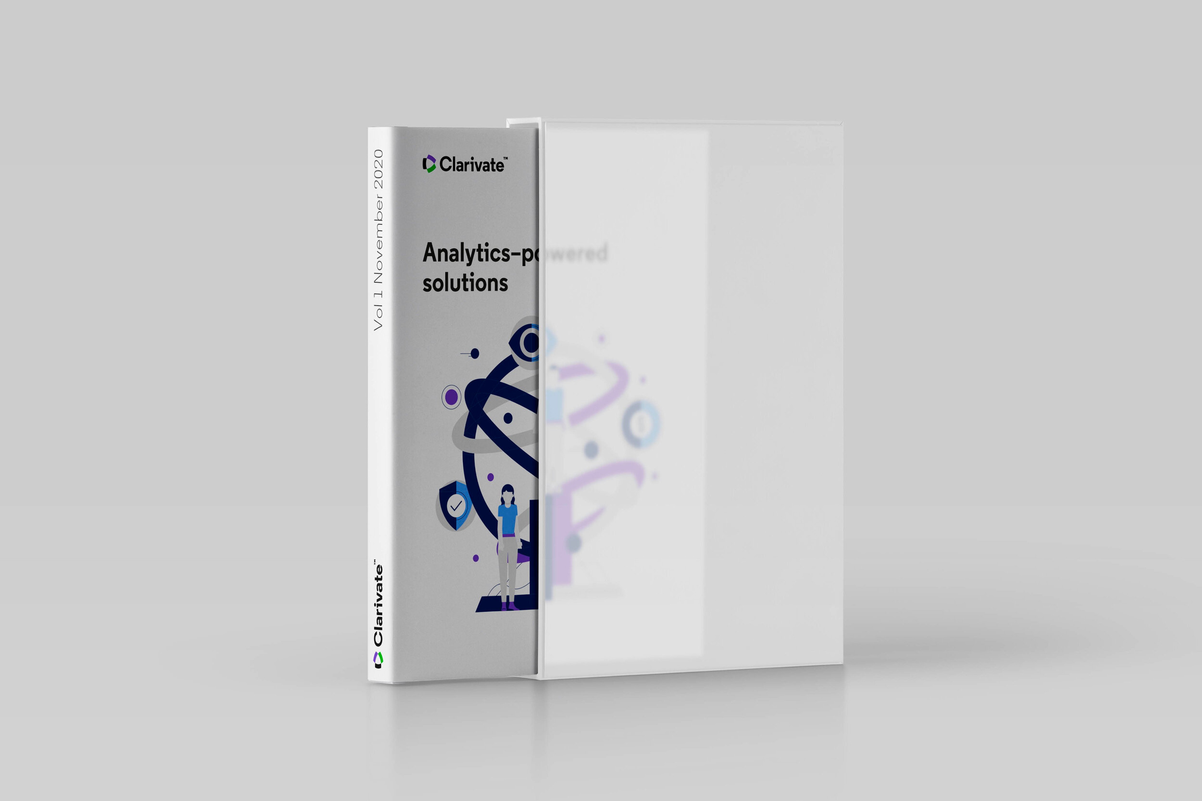 Analytics-powered solutions report in a slipcase, illustrated cover with the Clarivate spine