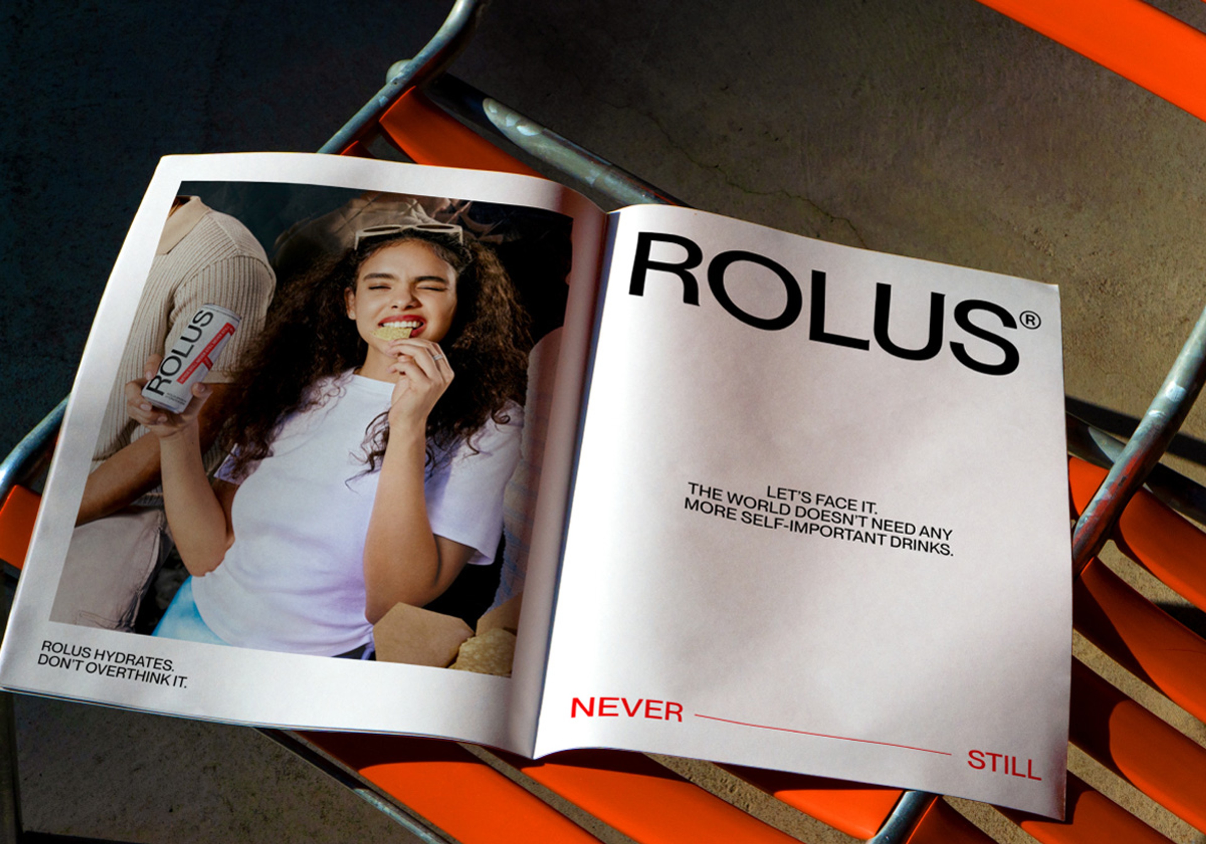 Magazine spread pairing the Rolus wordmark with the line about self-important drinks