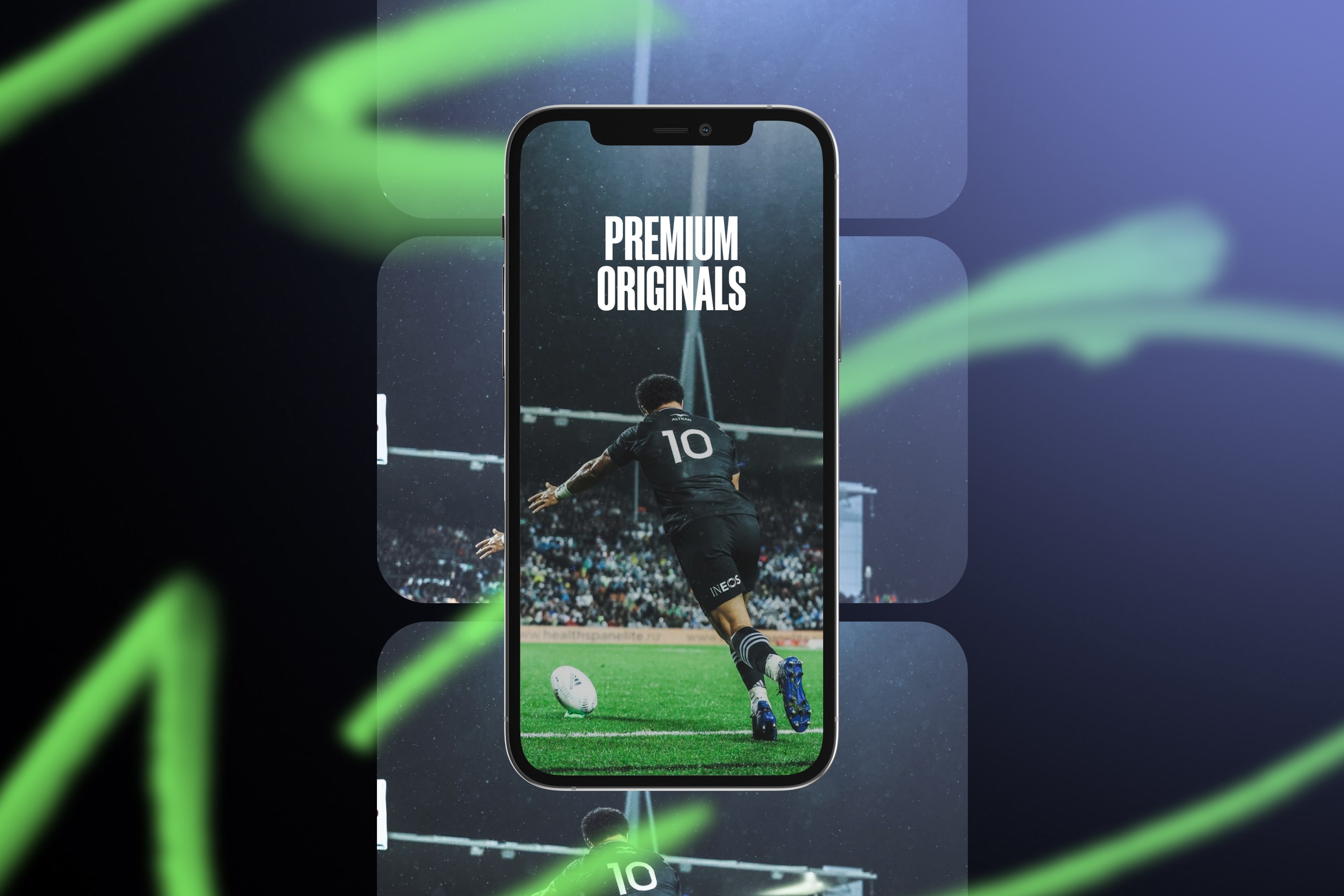 NZR+ app screen on a phone, 'Premium originals' titling over a number 10 player mid-stride on the pitch