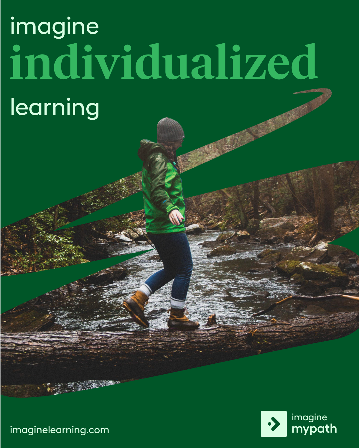 Forest-green MyPath poster, a swoosh cutout revealing a walker crossing a log over a stream