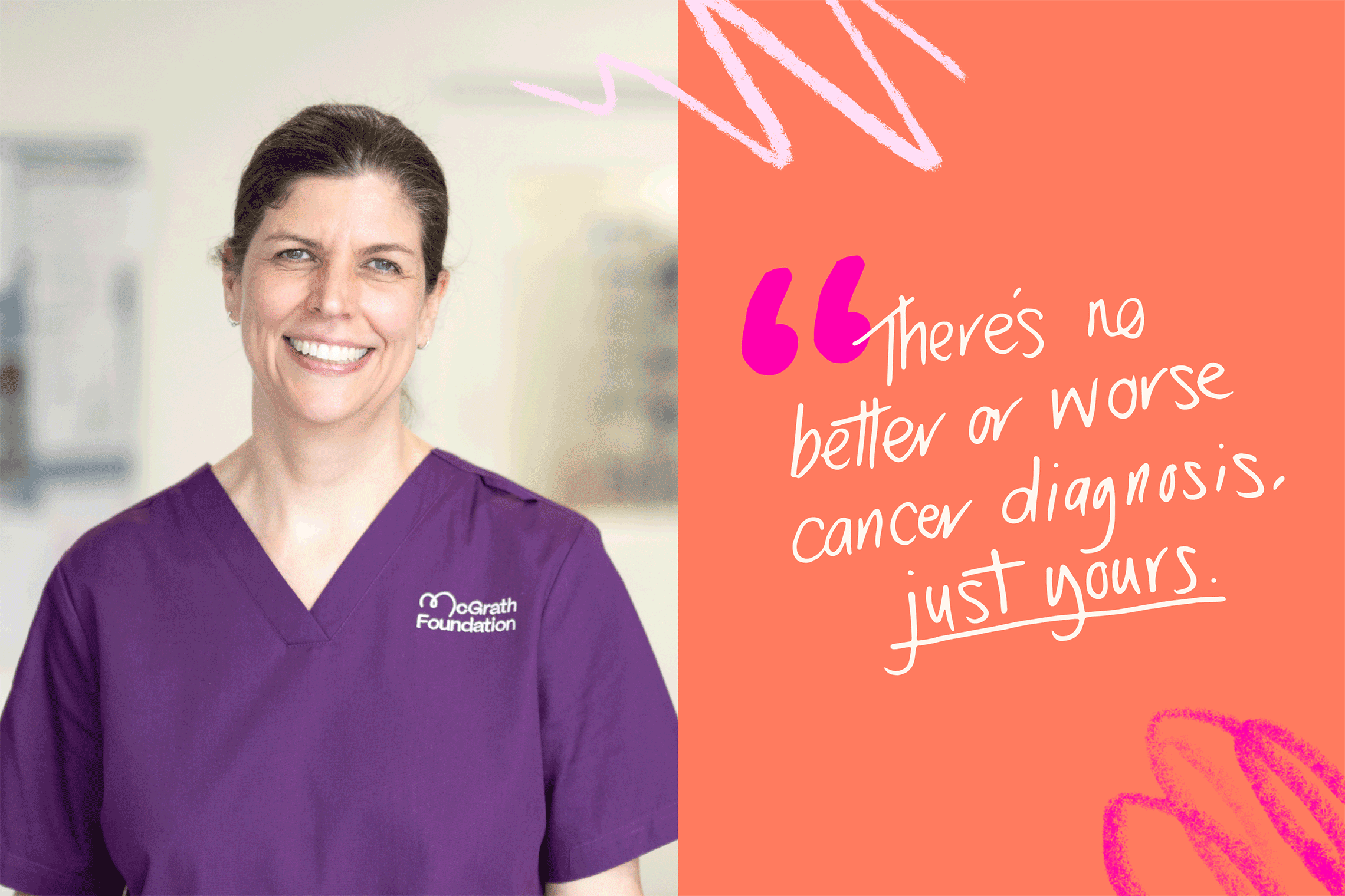 Cancer care nurse portrait paired with a coral panel of white handwritten copy and magenta quote marks