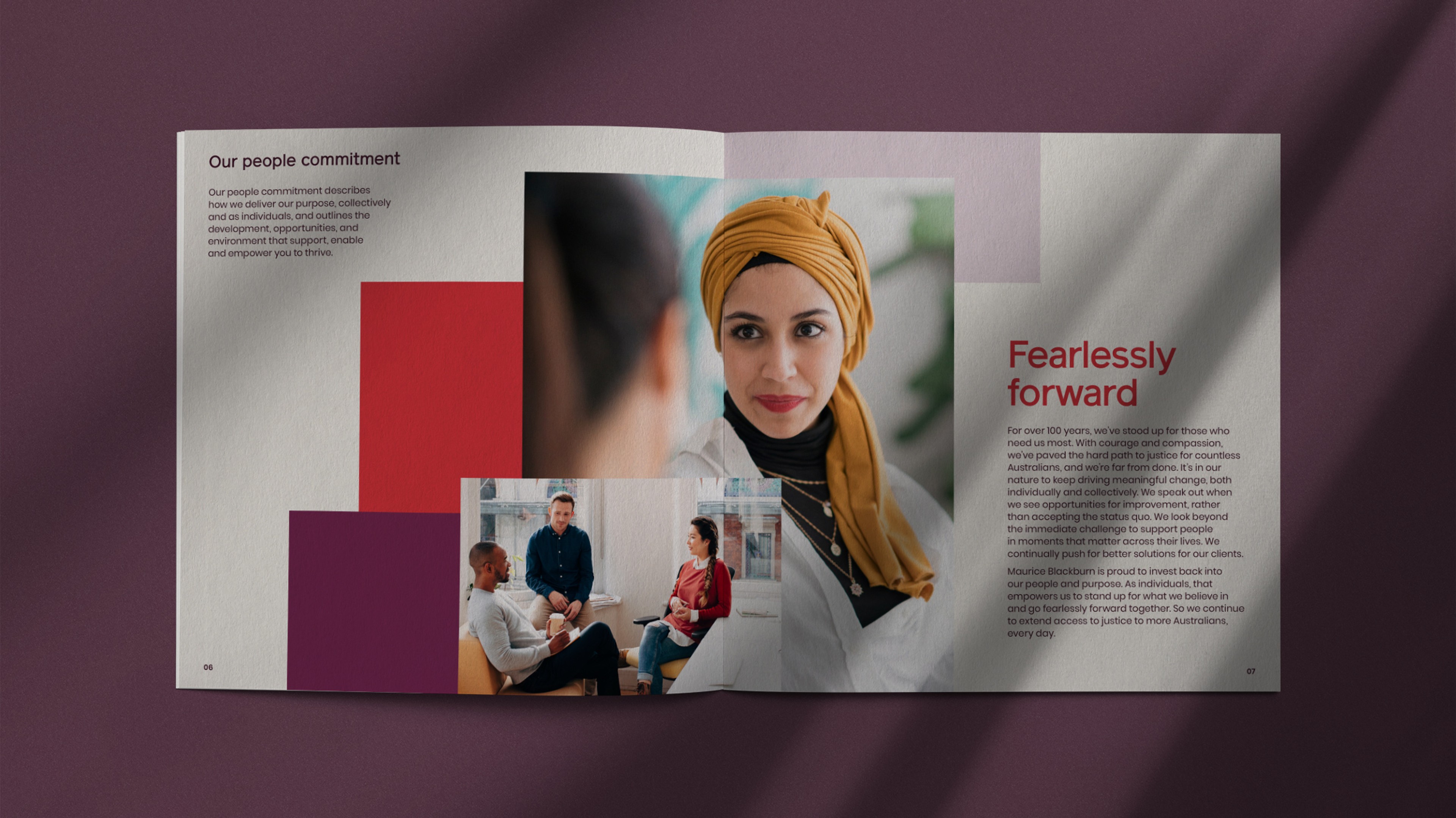'Fearlessly forward' spread from the Maurice Blackburn people commitment, photos over colour squares