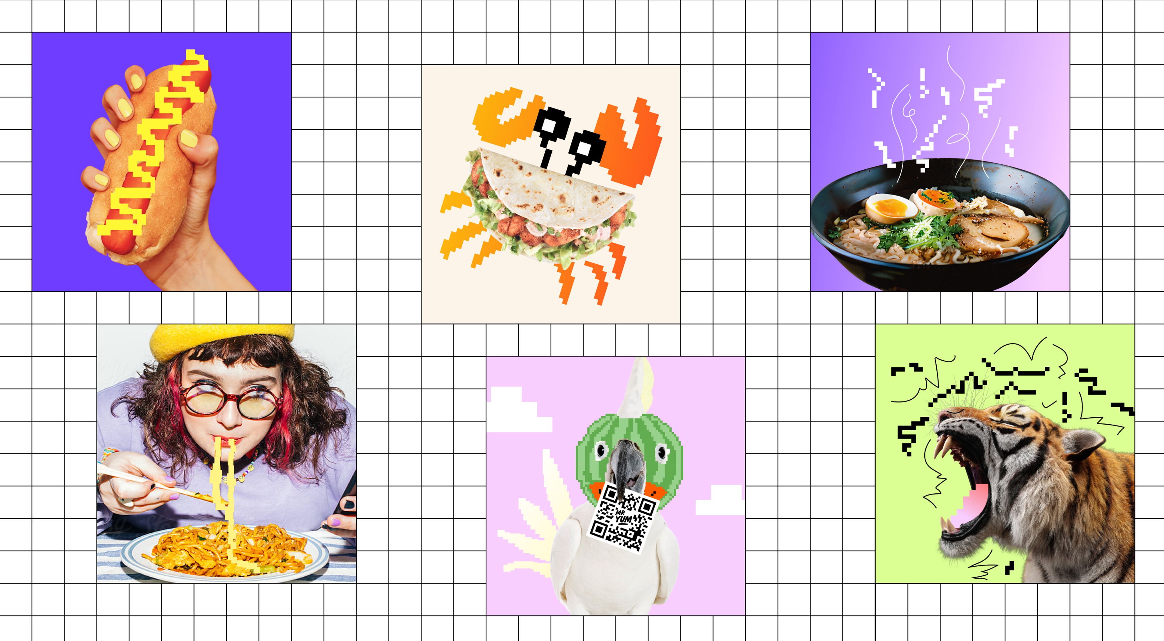 Art-direction grid of six tiles: hot dog, taco, ramen, noodles, cockatoo and a roaring tiger