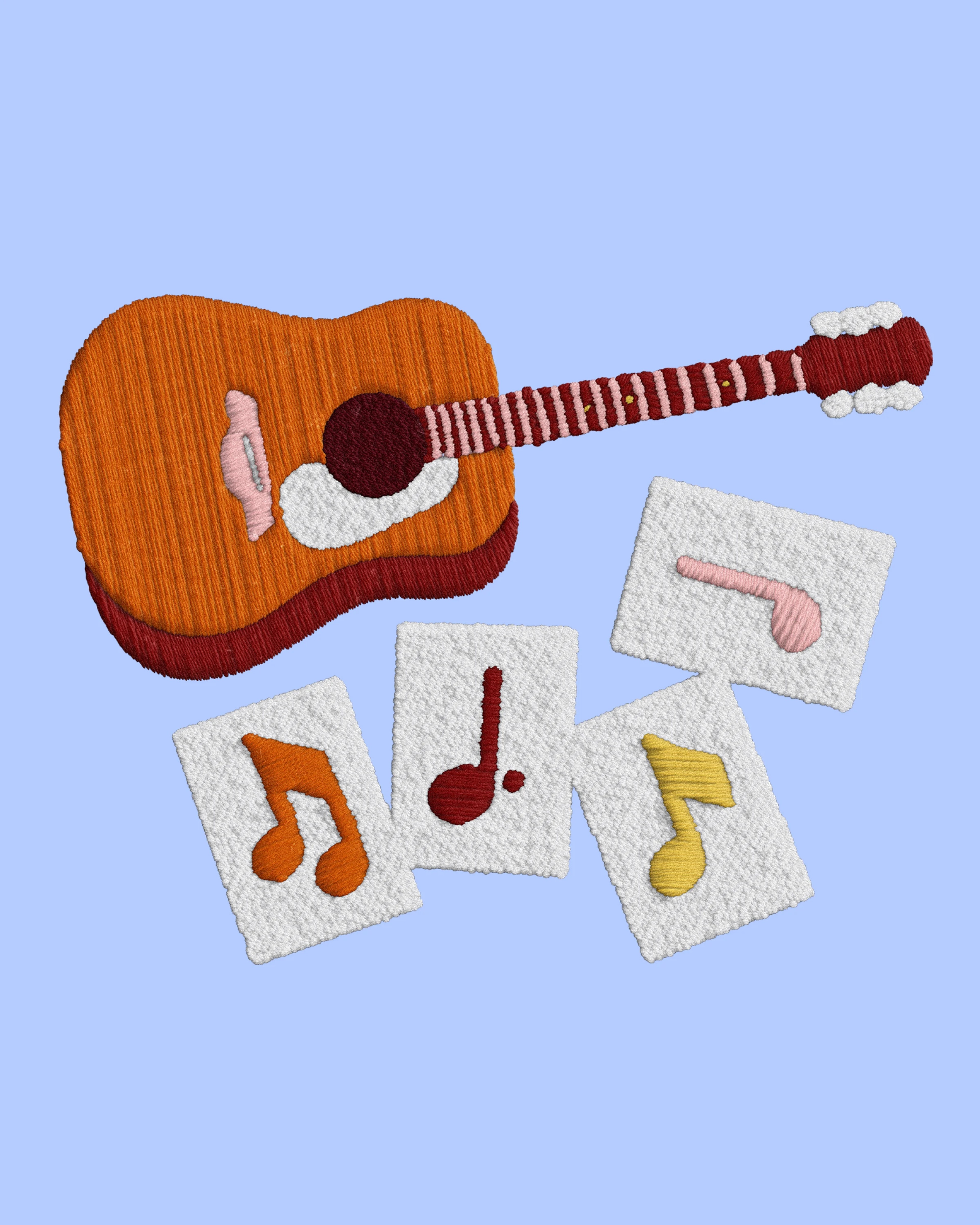 Acoustic guitar and music-note flashcards stitched in wool on a soft blue field