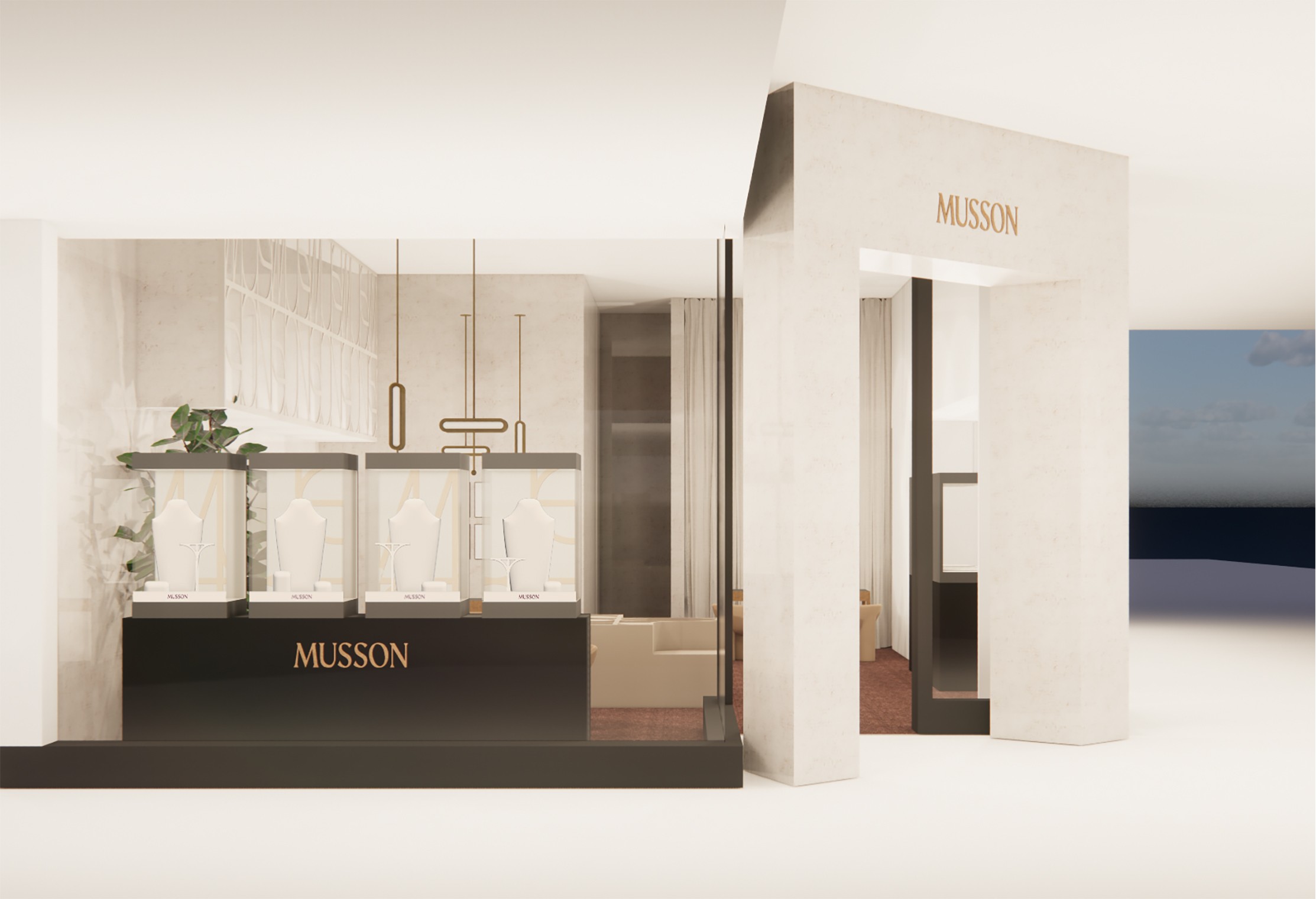 Retail concept render of the Musson boutique, pale stone facade and gold entrance lettering