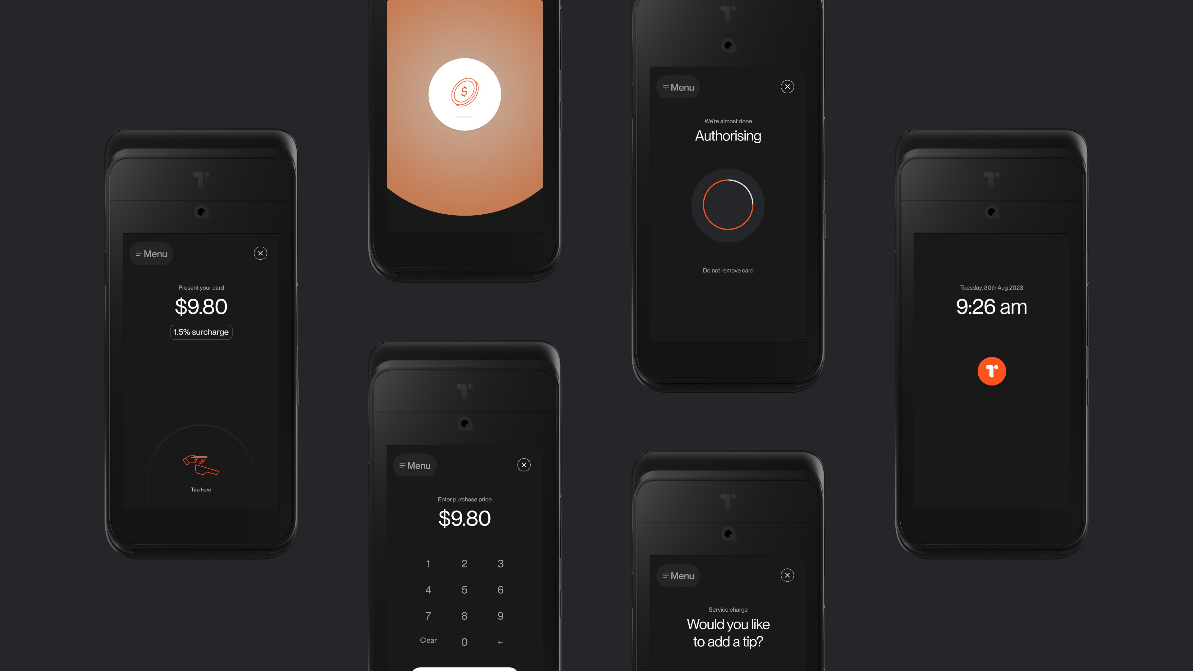 Six dark terminal screens: amount entry, authorising, tip prompt and idle clock display