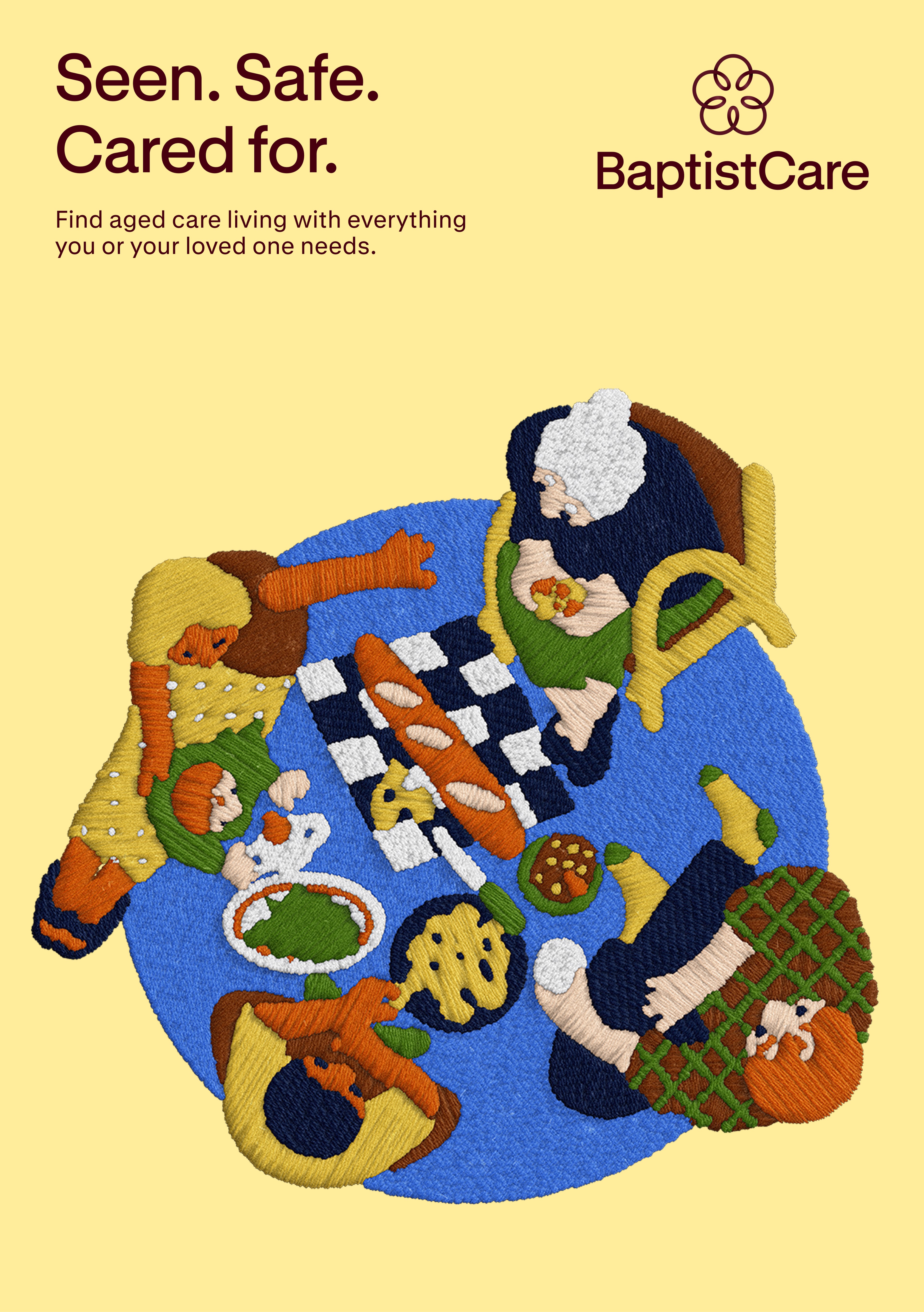BaptistCare aged care poster, "Seen. Safe. Cared for.", with an overhead embroidered picnic on yellow