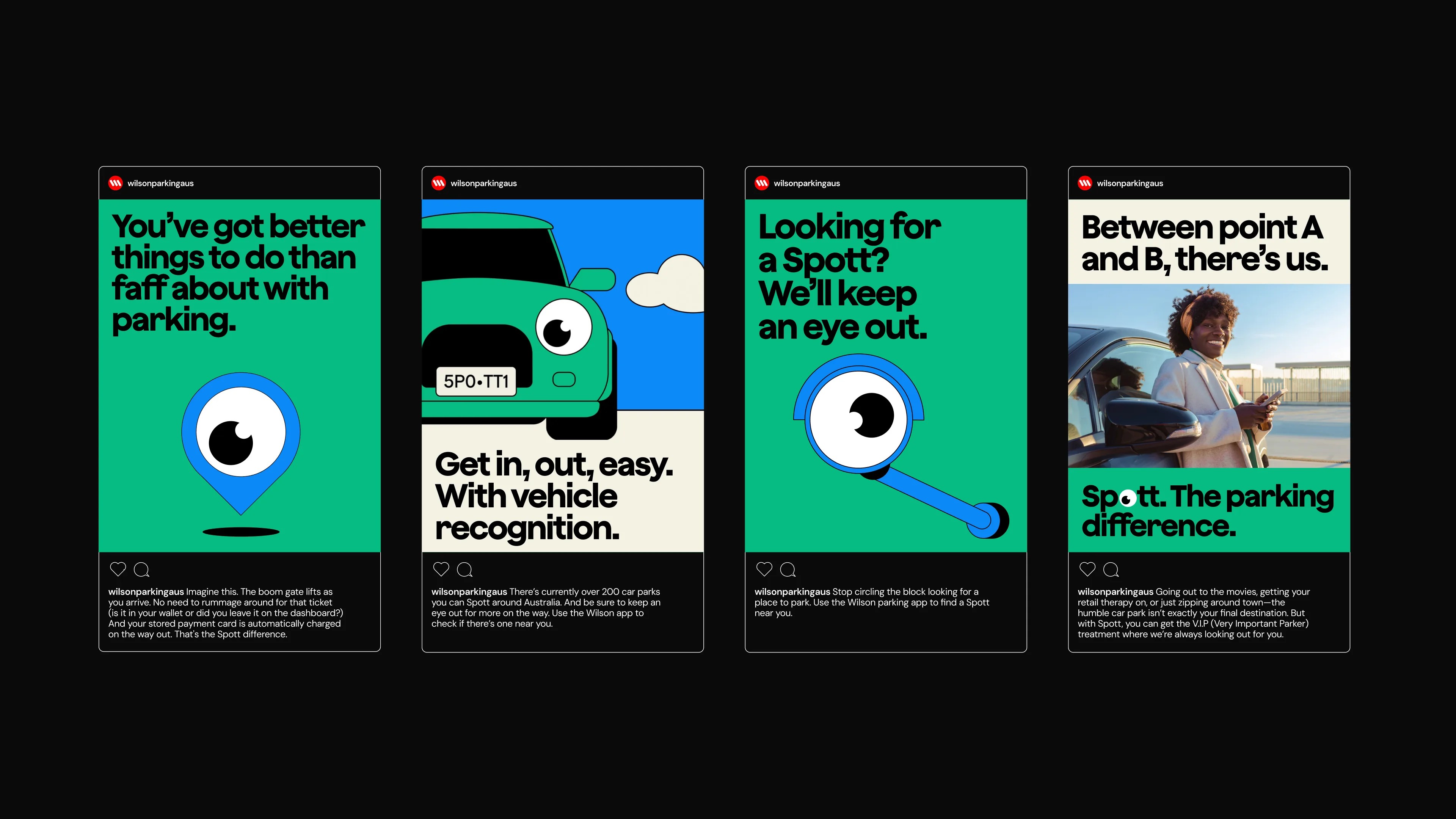 Four Wilson Parking Instagram posts in green and blue, using eye pins, cartoon cars and photography