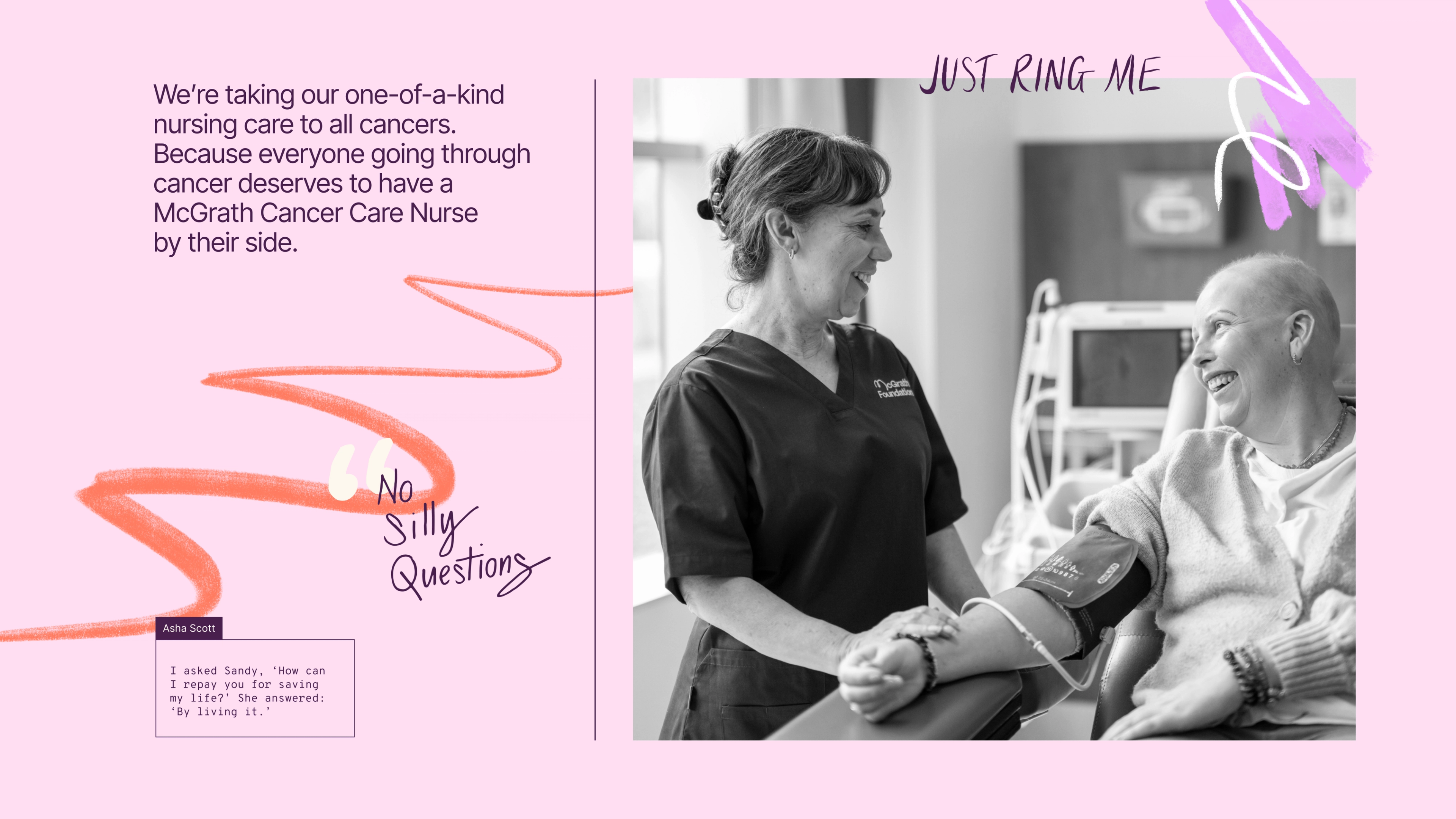 Pink layout with a black-and-white photo of a nurse holding a patient's hand and hand-drawn Just ring me