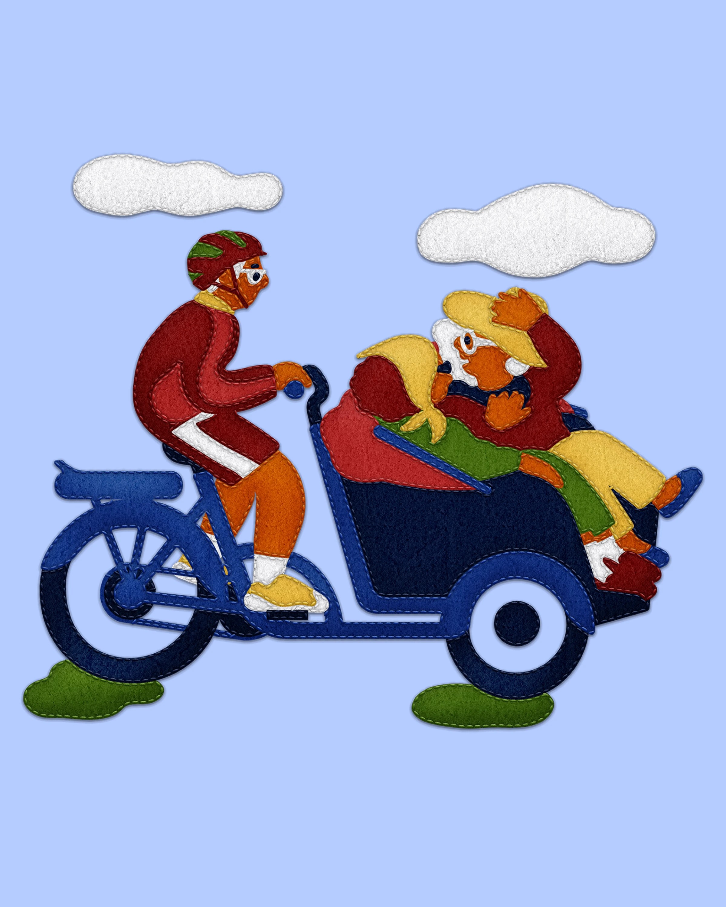 Cargo bike carrying two older passengers, illustrated in cut-felt shapes on pale blue