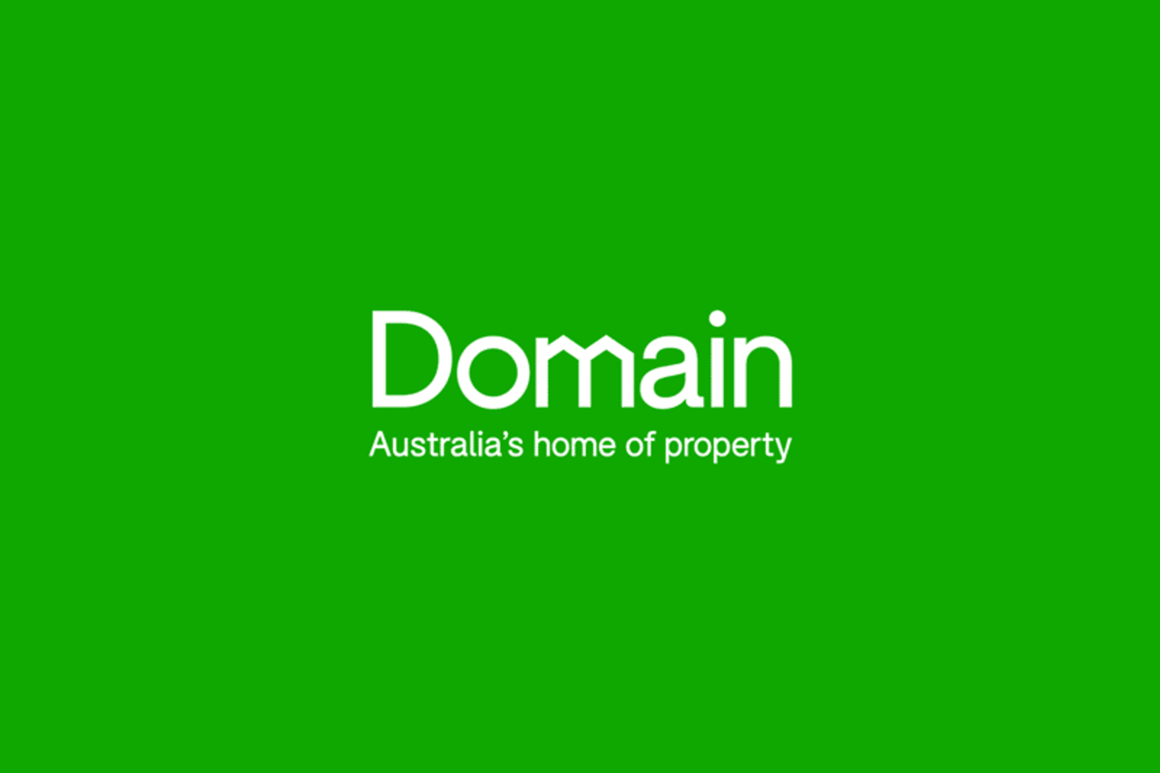 Domain wordmark in white on bright green, with the tagline 'Australia's home of property'
