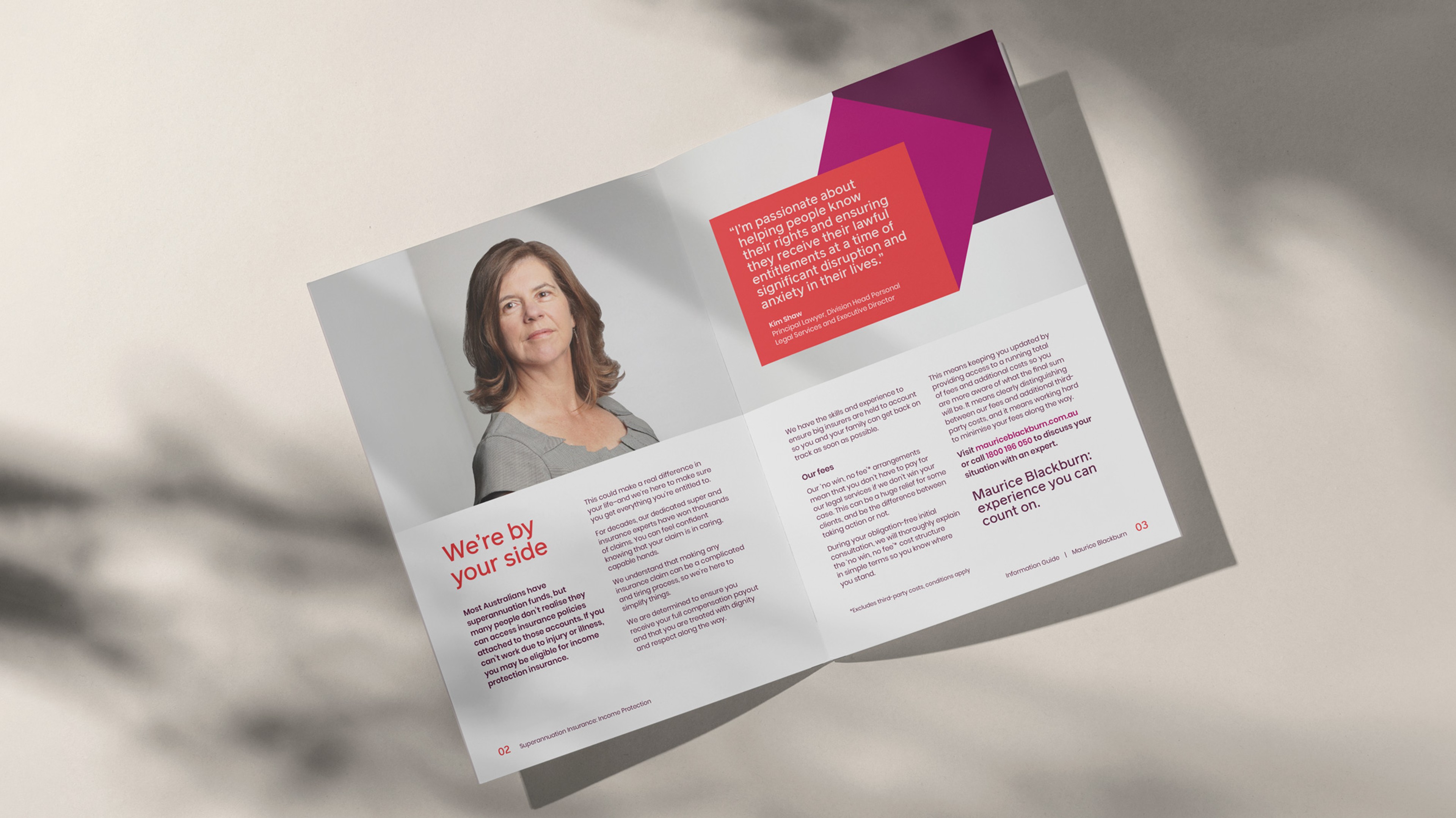 Maurice Blackburn brochure spread, 'We're by your side', with a portrait and red pull-quote panel