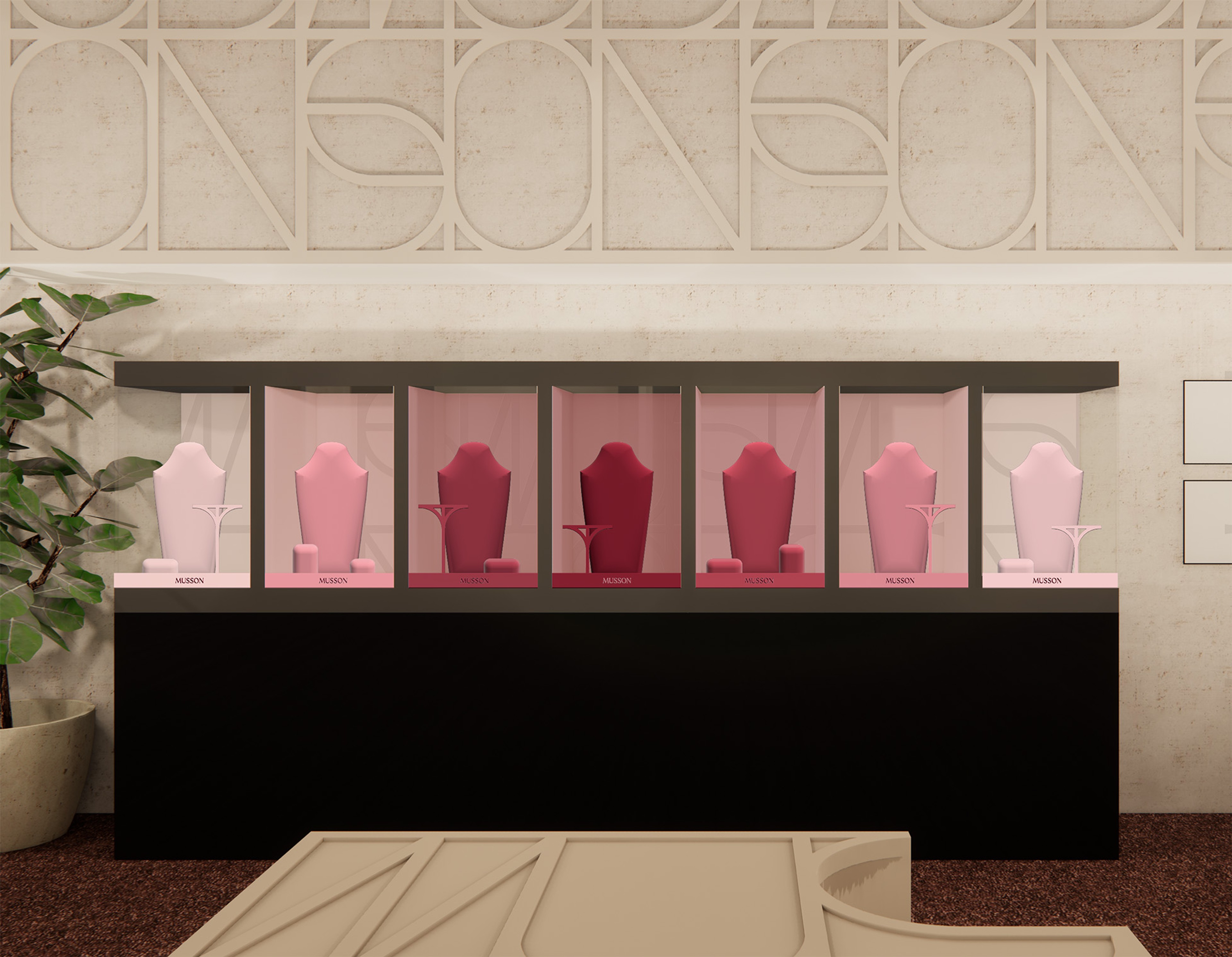 Store interior render with jewellery busts in graded pinks beneath a carved monogram wall